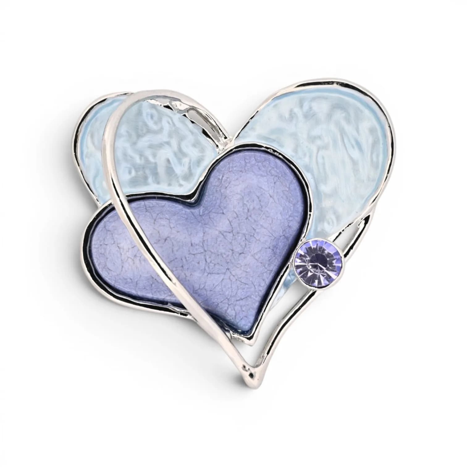Broche Double Cœur Bleu et Lavande Aimantée en Acier Argenté