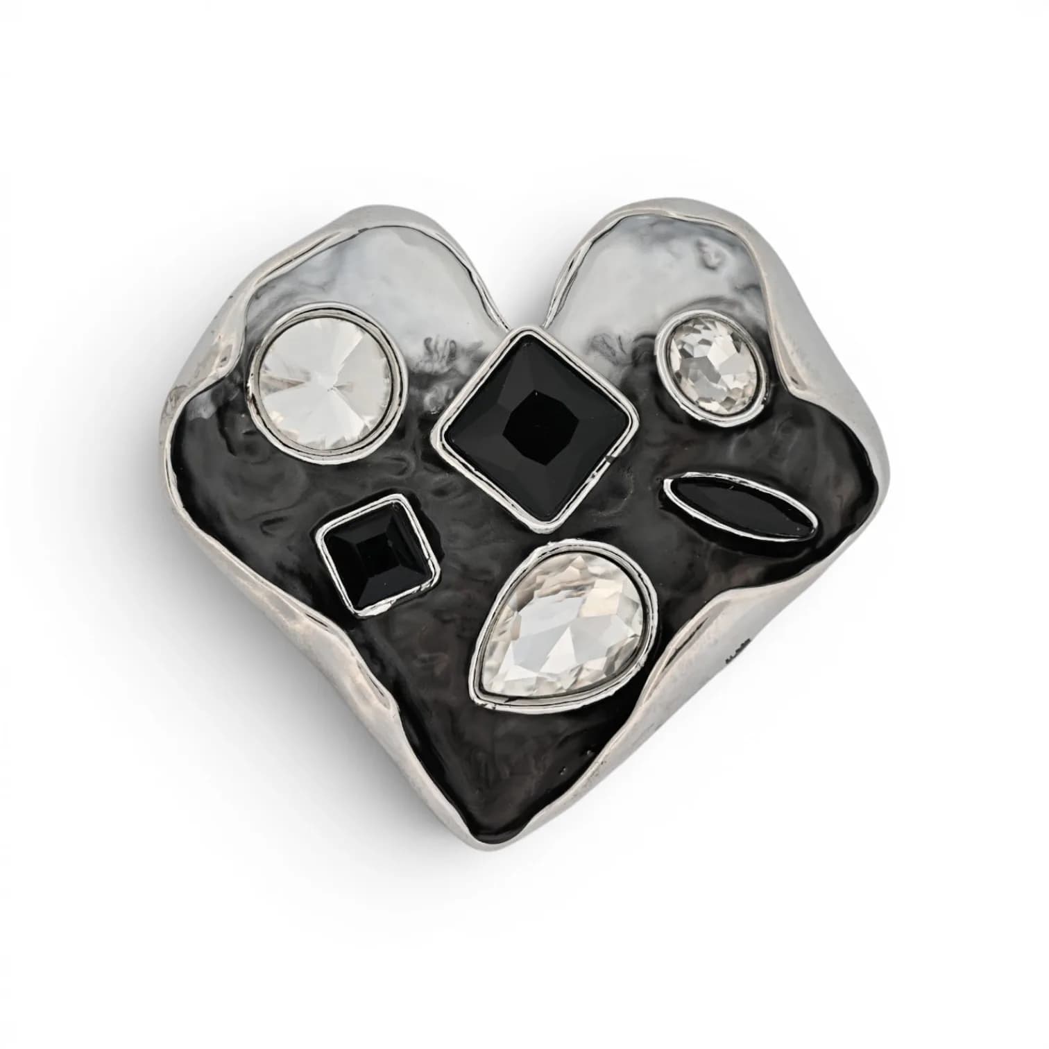 Broche cœur noire argentée avec six pierres facettées noires et claires