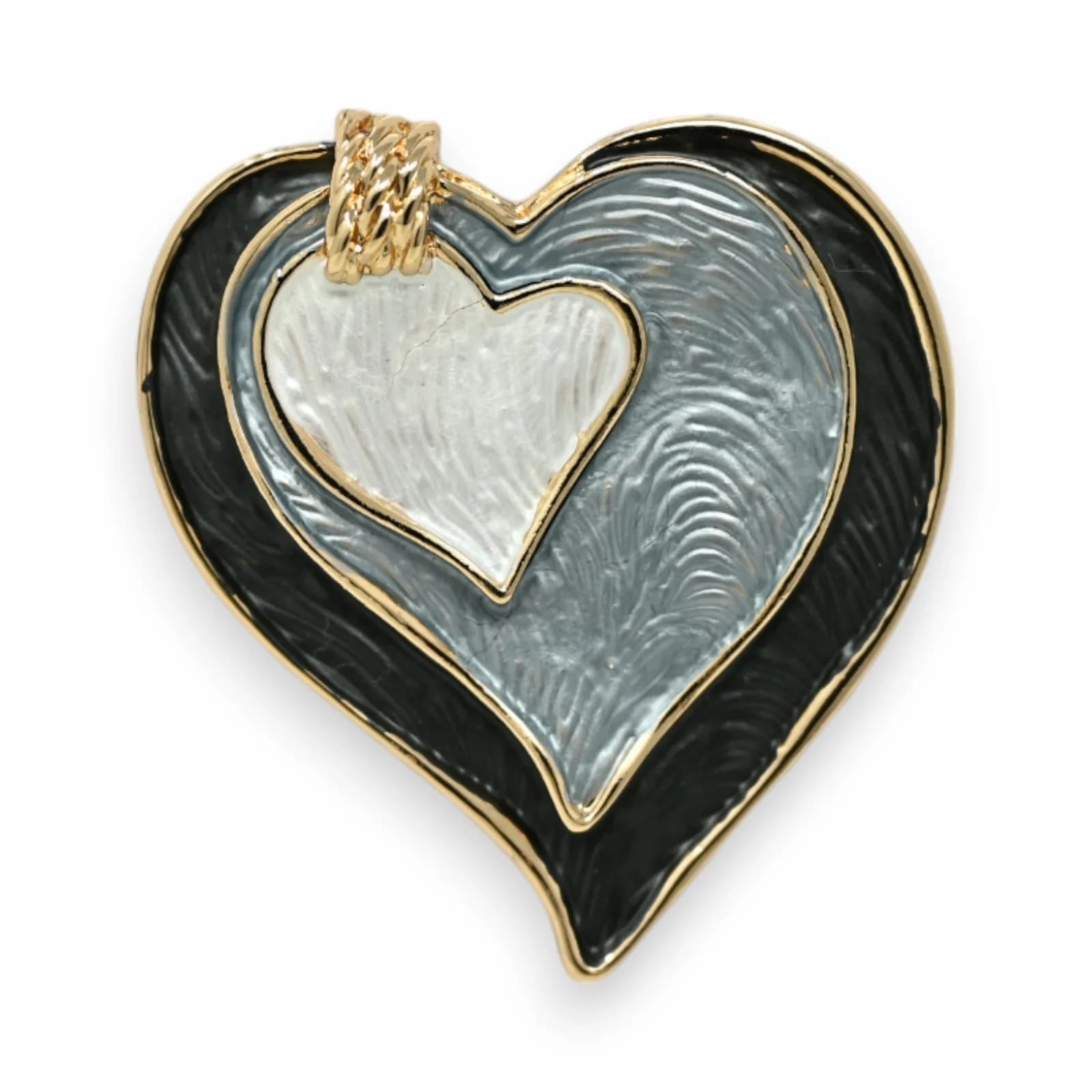 Broche Cœur Aimantée en Acier Doré Noir Gris et Blanc, 5 x 4,5 cm