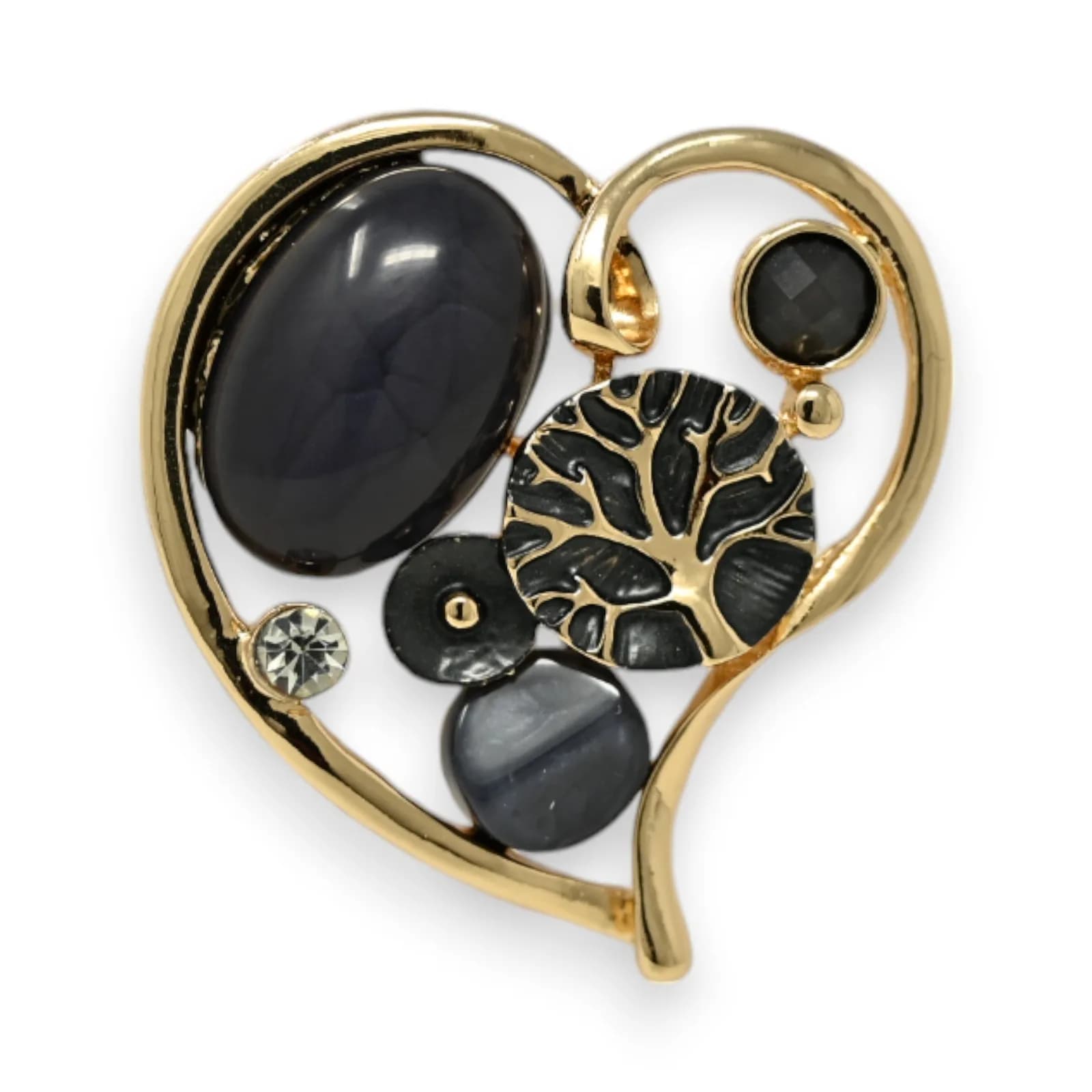Broche Cœur Arbre de Vie Aimantée en Acier Doré Noir et Gris, 5 x 4,5 cm
