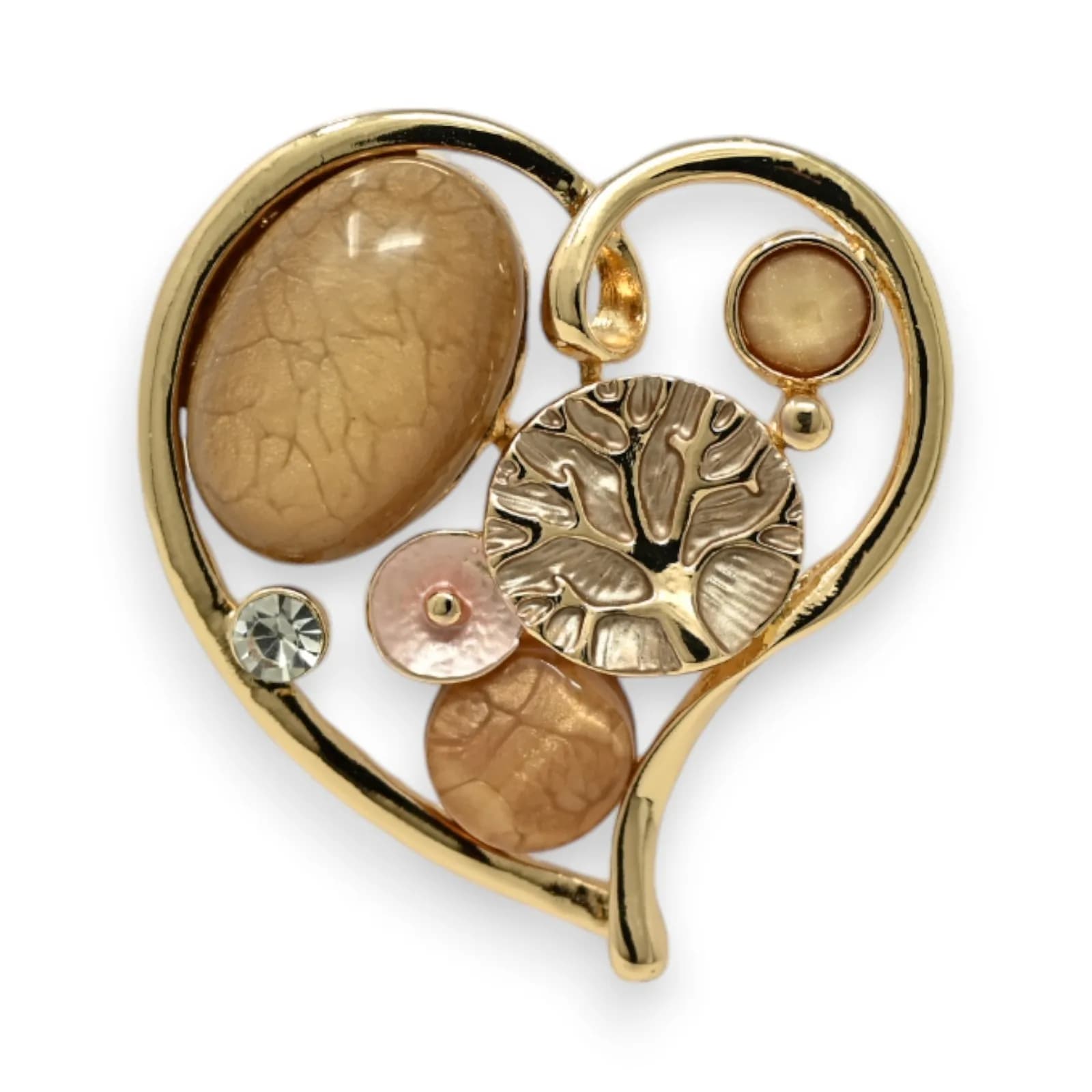 Broche Cœur Dorée à Décors Beige et Caramel Aimantée en Acier