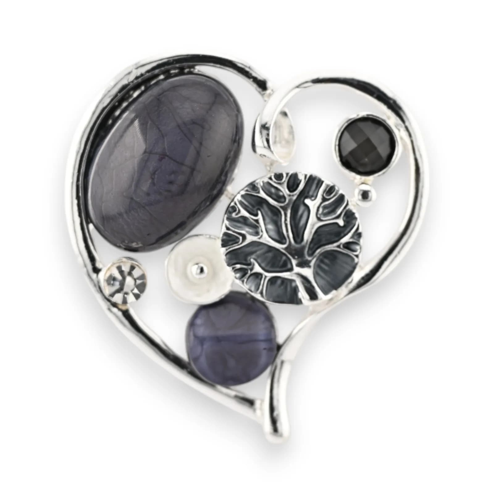 Broche cœur noir aimantée en acier de couleur argentée avec motif d'arbre