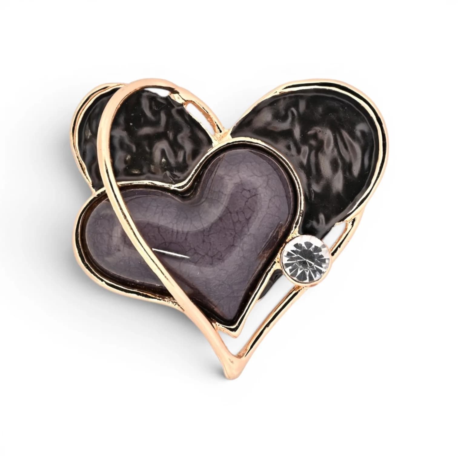 Broche Double Cœur Noir et Taupe Aimantée en Acier Doré Rosé
