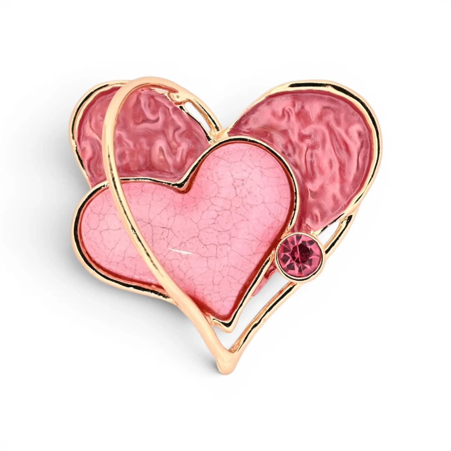 Broche cœurs entrelacés roses aimantée en acier doré rosé avec pierre rose foncé facettée