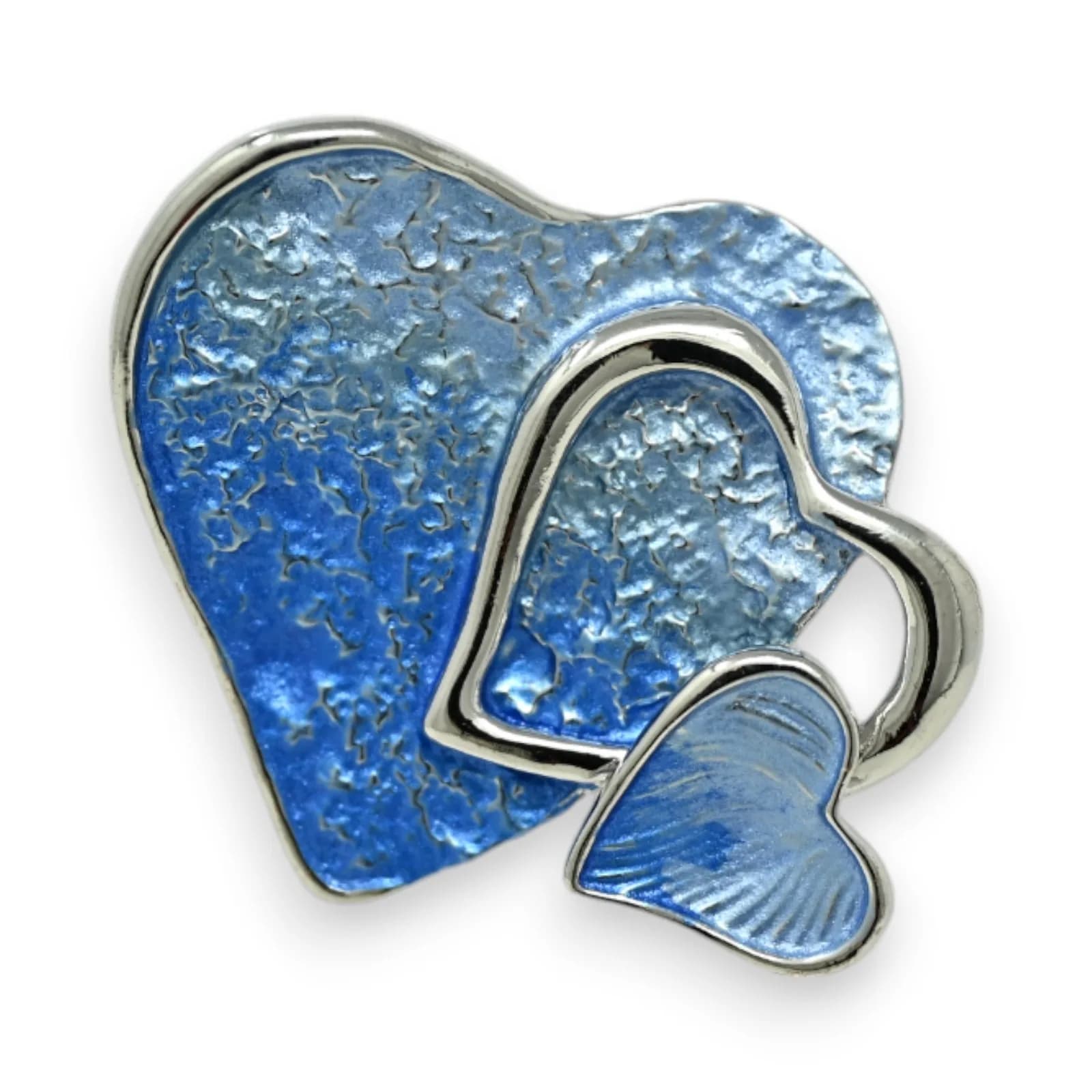 Broche Trois Cœurs Bleus Aimantée en Acier Argenté, 5 cm
