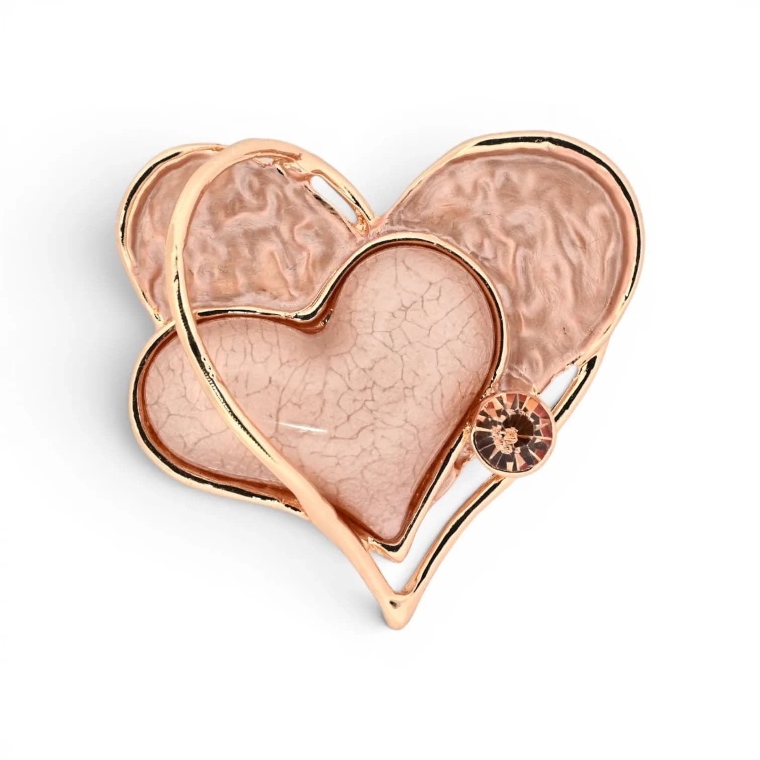 Broche double cœur champagne rosé et nude clair aimantée en acier doré rosé avec pierre facettée