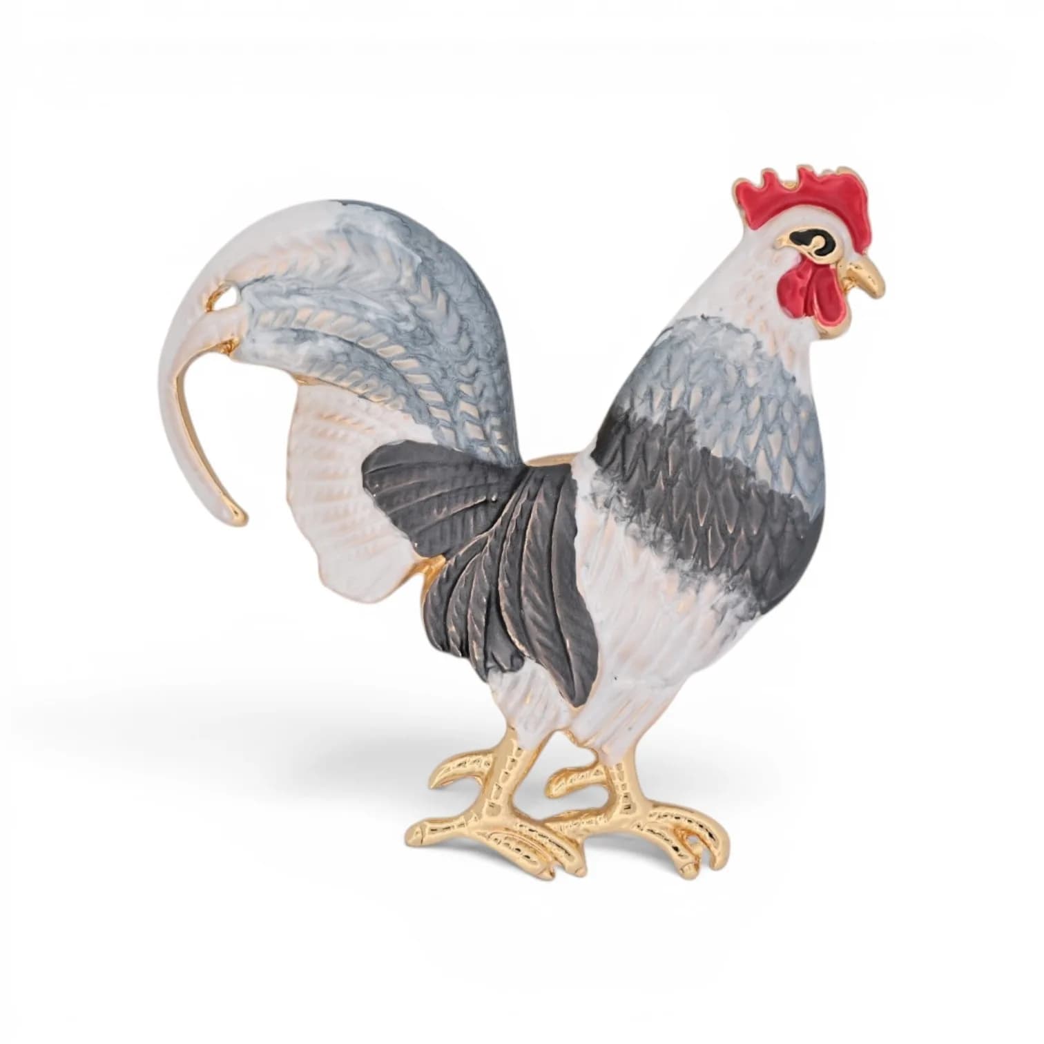 Broche Coq Aimantée en Acier Doré Émaillé Gris Blanc Rouge, 5 x 5 cm