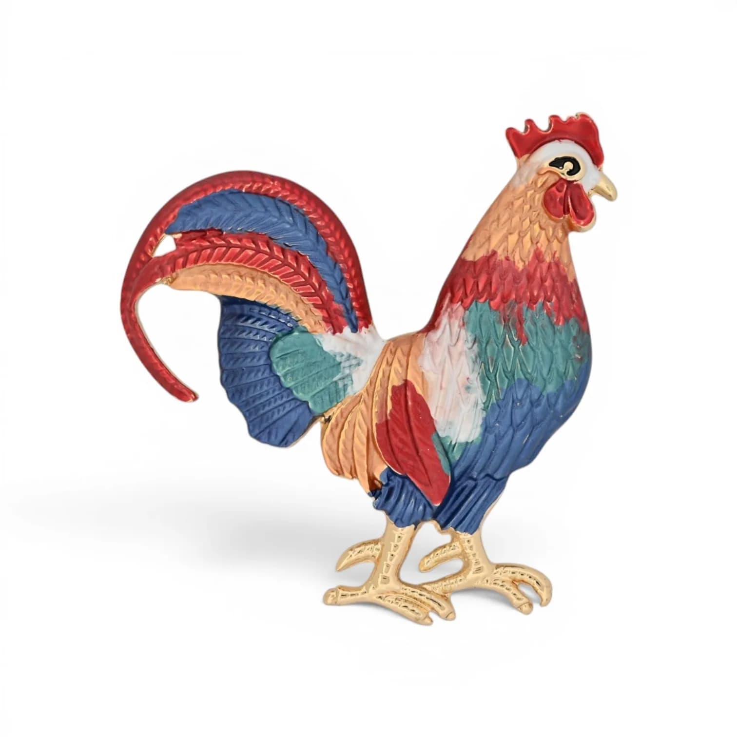 Broche Coq Multicolore Aimantée en Acier Doré Bleu Rouge Vert, 5 x 5 cm