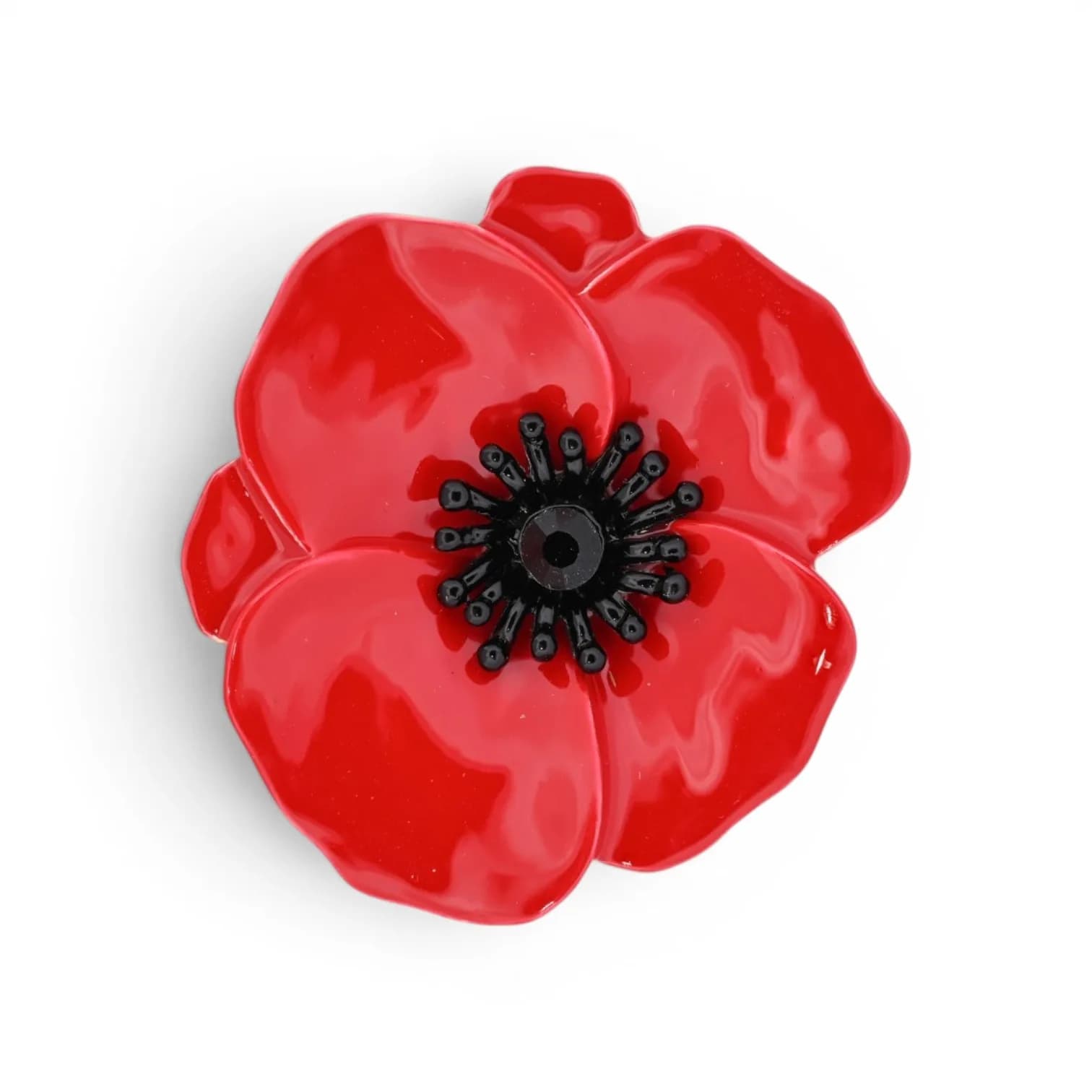 Broche coquelicot rouge aimantée en acier doré avec cinq pétales brillants et cœur noir en relief