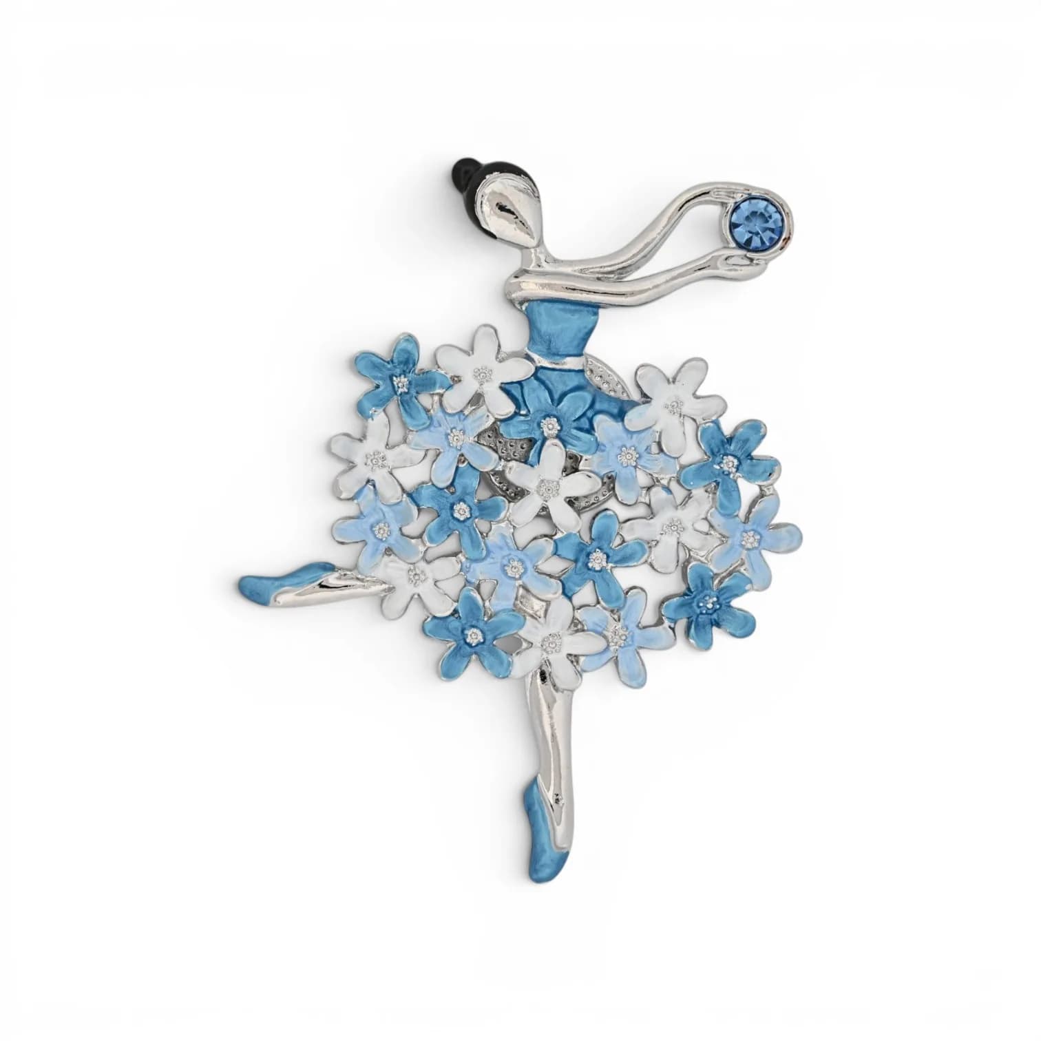 Broche Danseuse aux Fleurs Bleues en Acier Argenté Aimantée