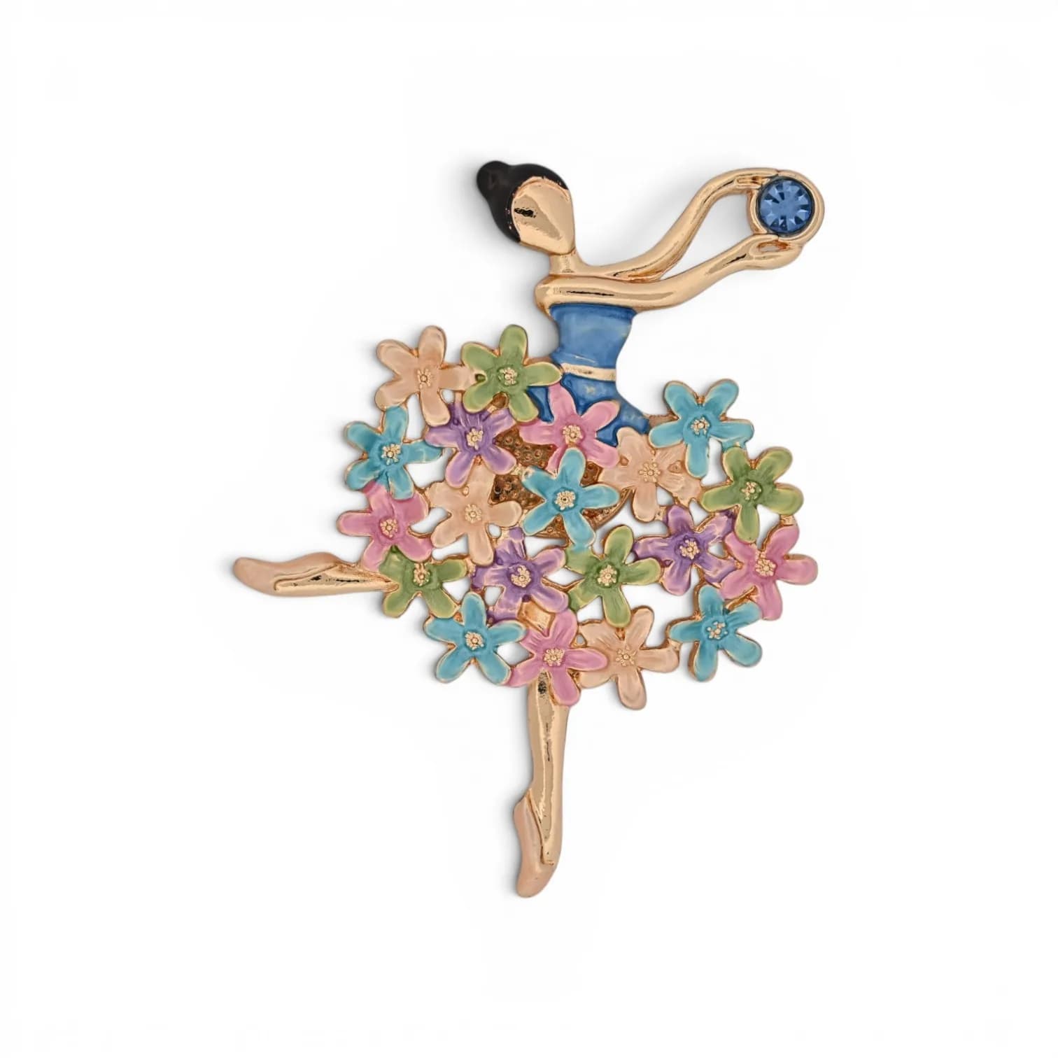 Broche Danseuse au Tutu Fleuri Multicolore en Acier Doré Aimantée