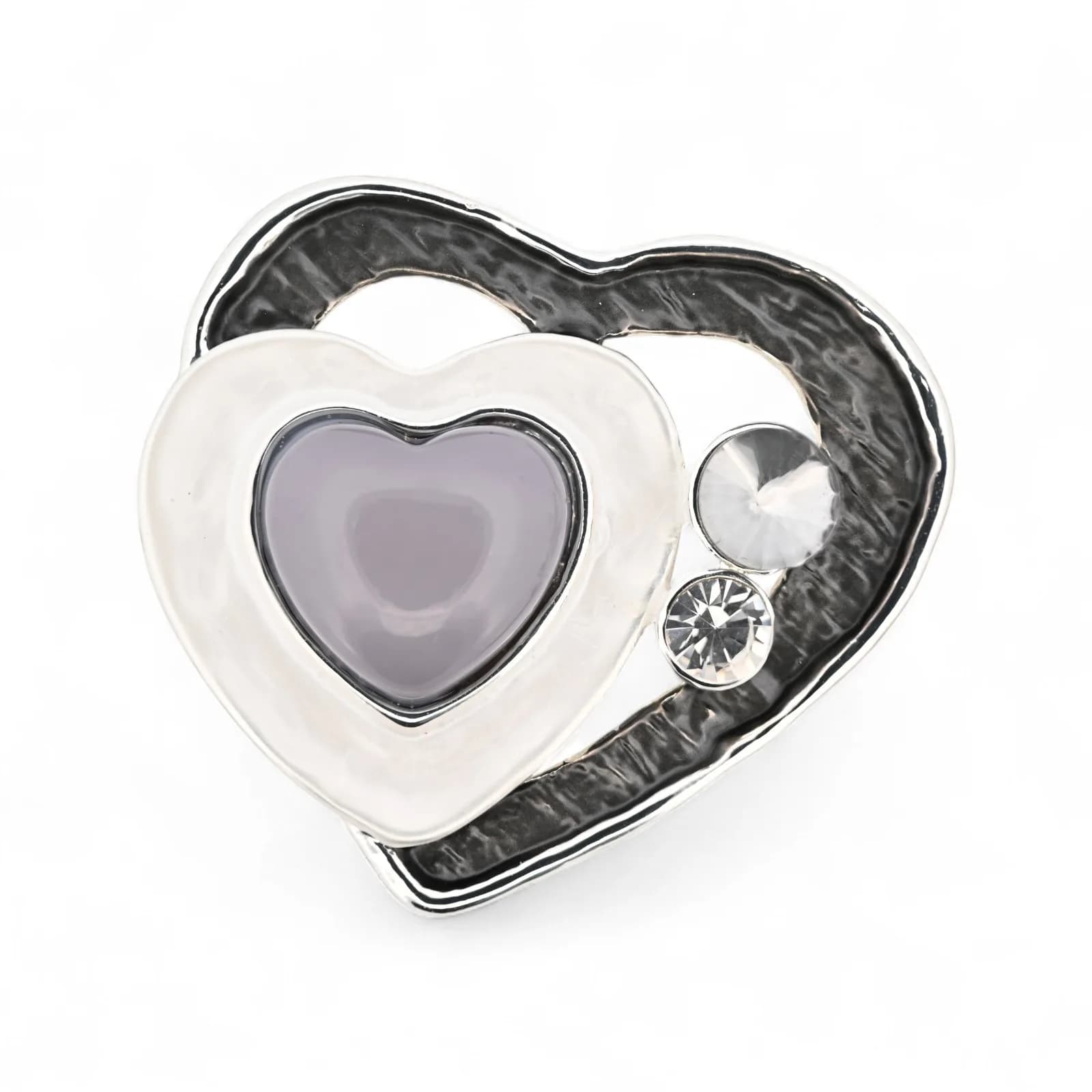 Broche Double Cœur Anthracite et Blanc Aimantée en Acier Argenté