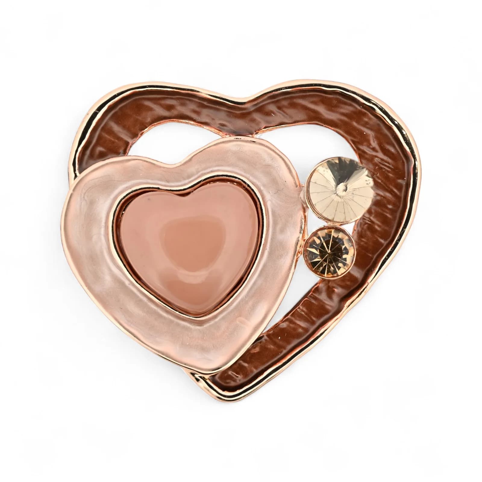Broche Double Cœur Rose Gold et Chocolat Aimantée en Acier
