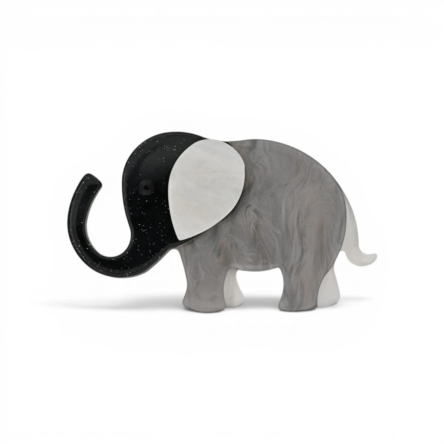 Broche Éléphant Aimantée en Résine Gris Marbré et Noir Pailleté, 7,8 cm