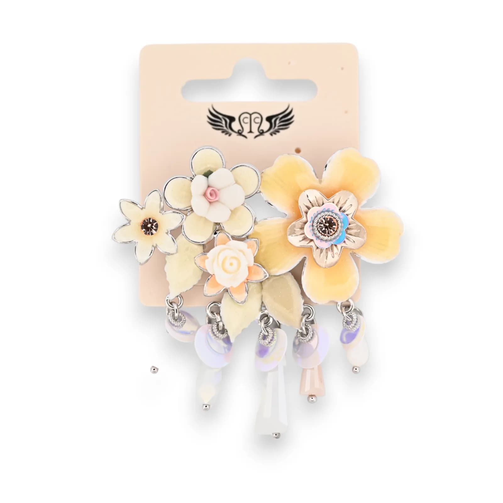 Broche Bouquet Floral Beige en Acier Argenté à Pampilles