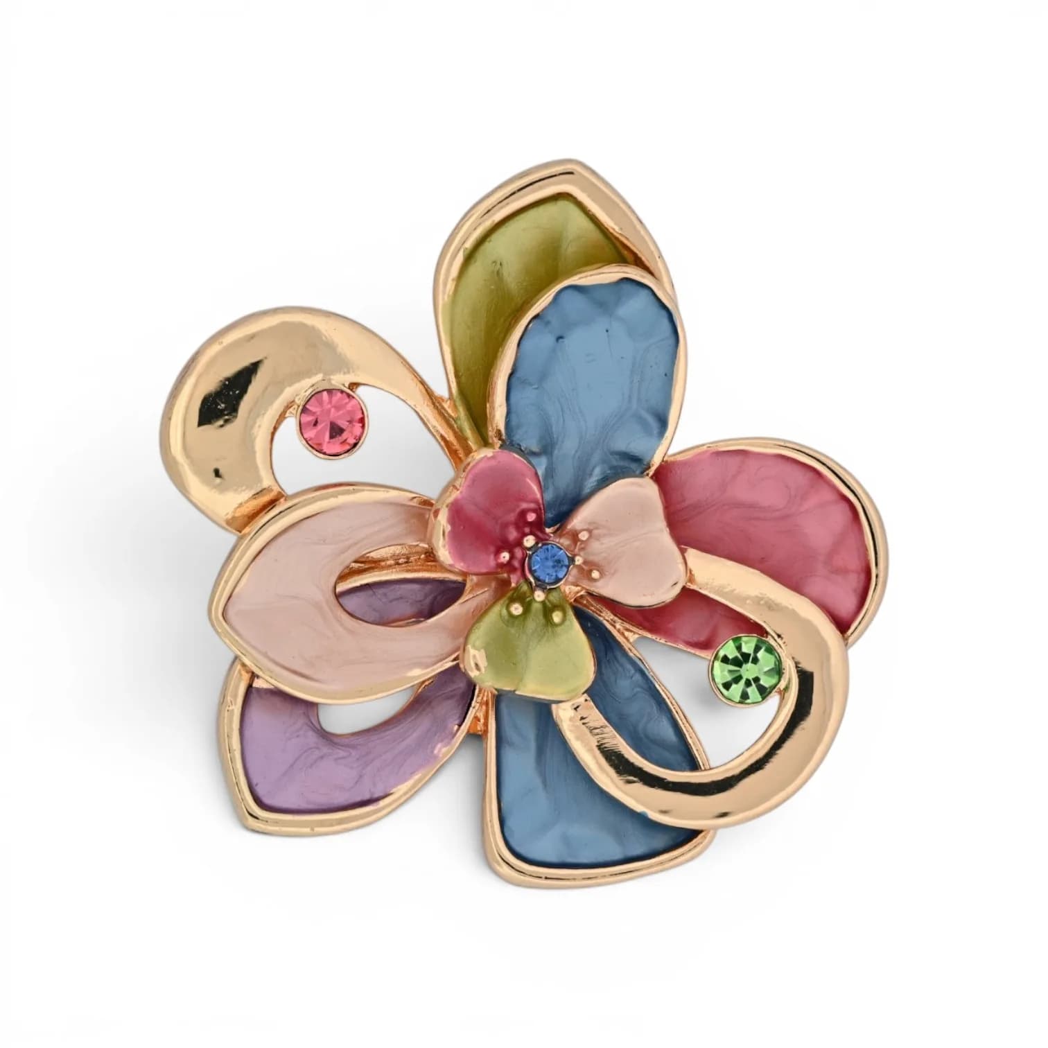 Broche fleur pastel multicolore magnétique en acier doré vue de face