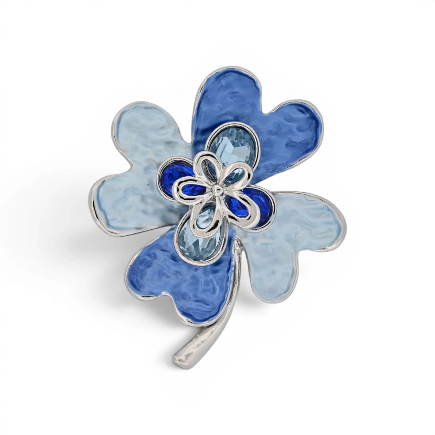 Broche Fleur Bleue Aimantée en Acier Argenté
