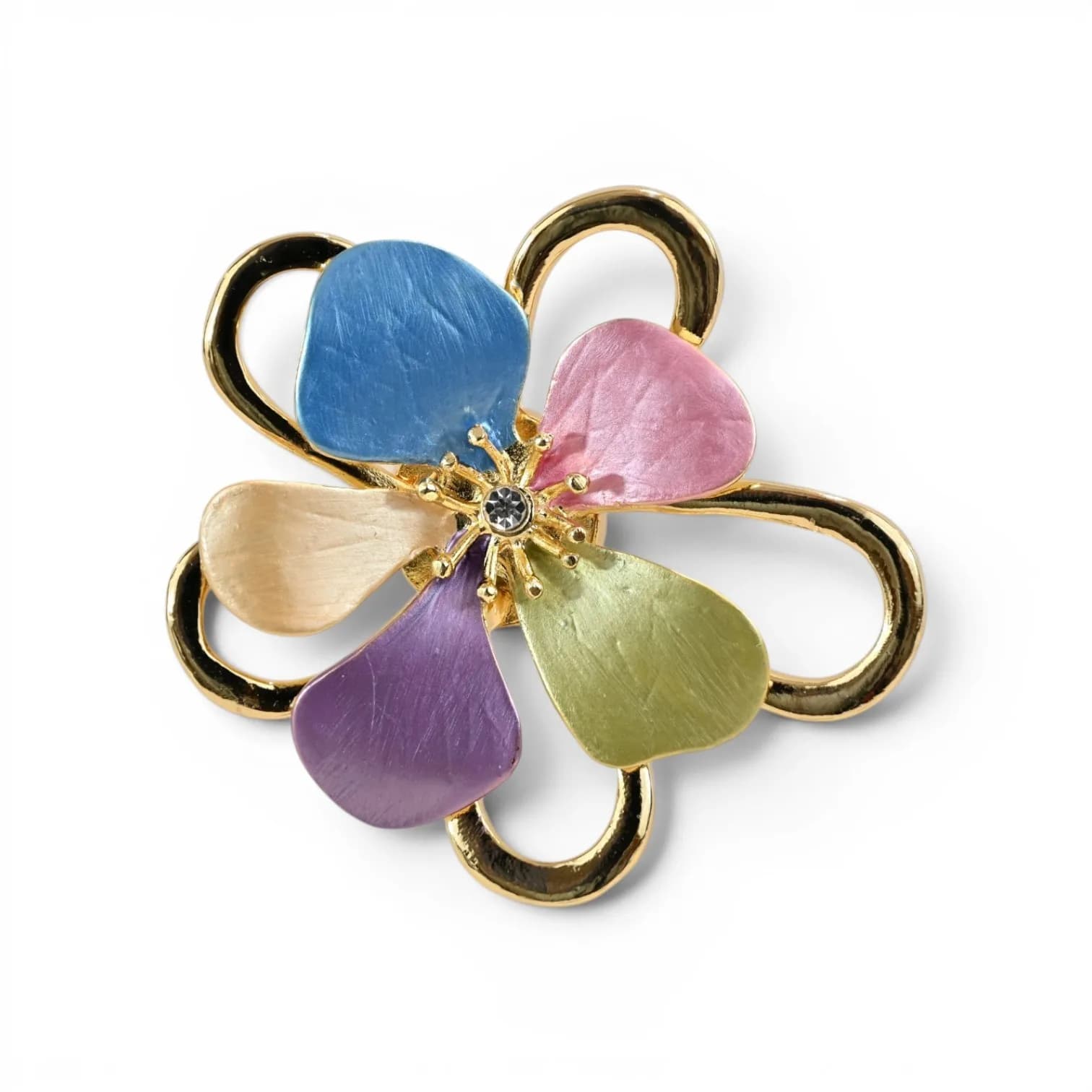 Broche Fleur Nacrée à Double Corolle en Acier Doré