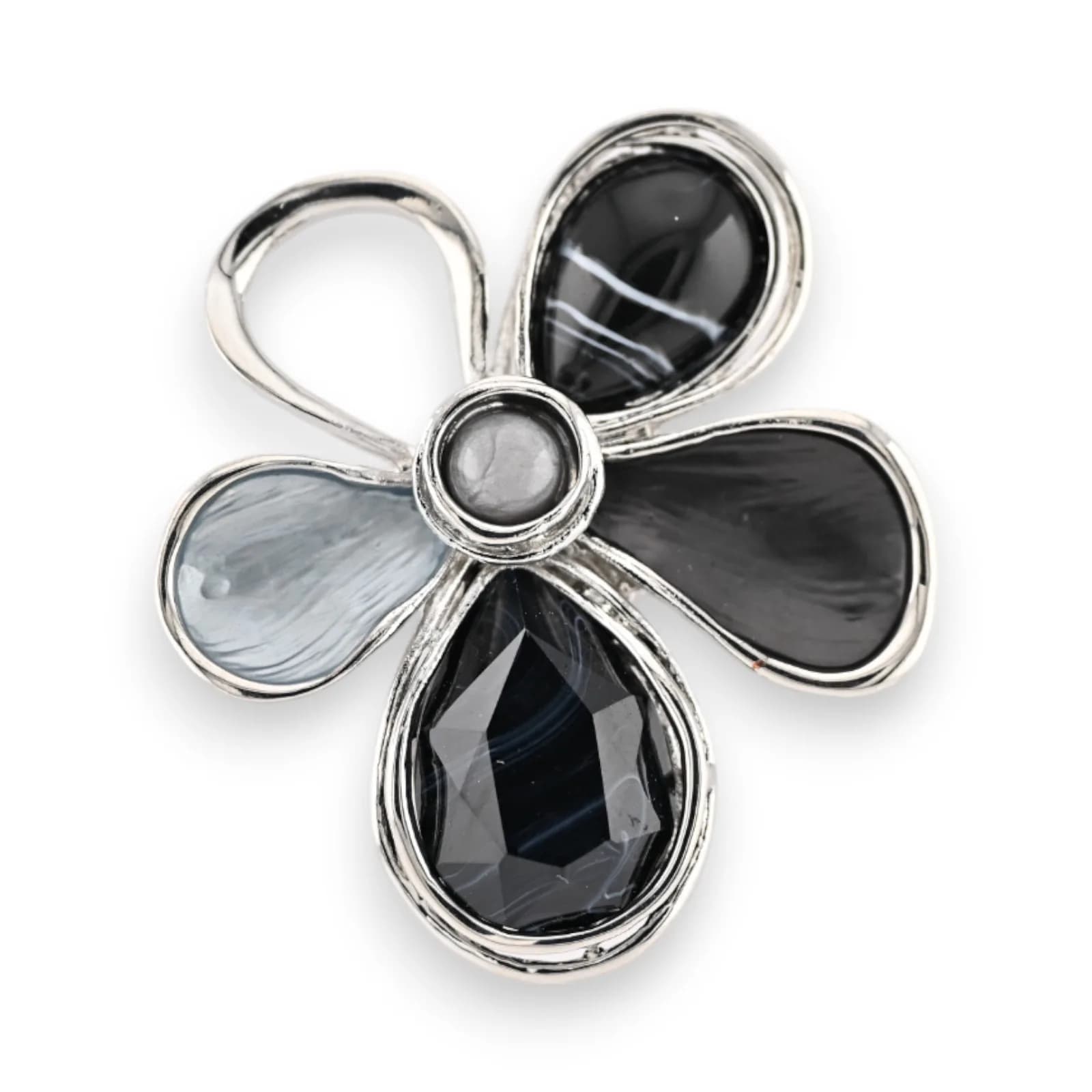 Broche Fleur Noire et Grise Aimantée en Acier Argenté, 5,5 cm