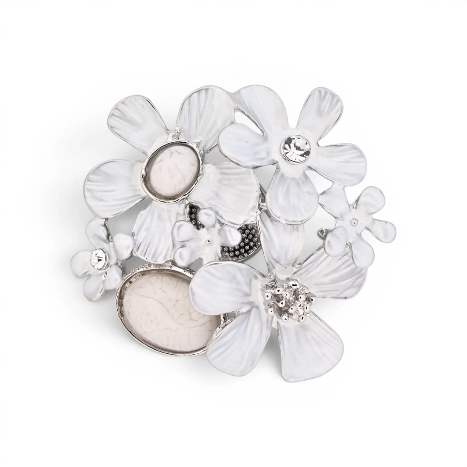 Broche Bouquet de Fleurs Blanches Aimantée en Acier Argenté