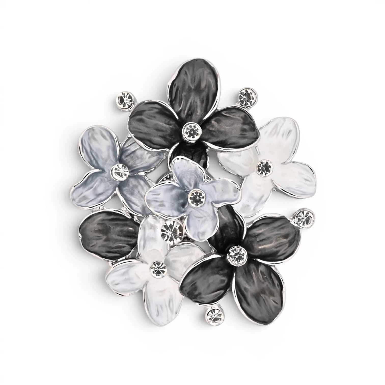 Broche Bouquet de Fleurs Noir Blanc et Gris Aimantée en Acier Argenté