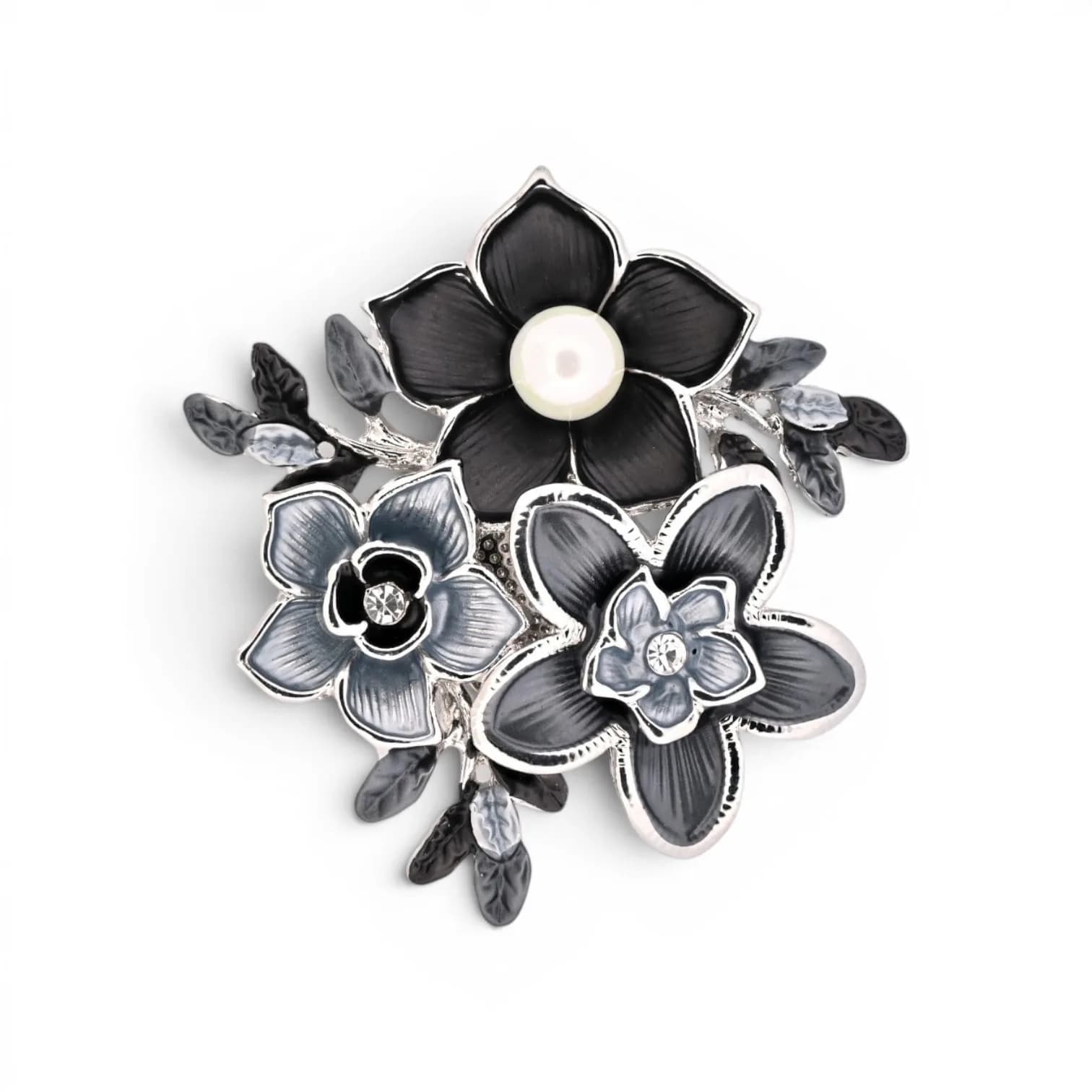 Broche Bouquet de Trois Fleurs Noir et Gris Aimantée en Acier Argenté