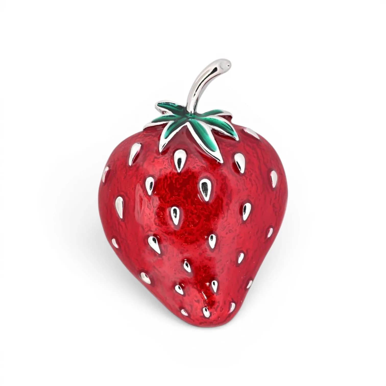 Broche Fraise Rouge Aimantée en Acier Argenté, 5 x 3,5 cm