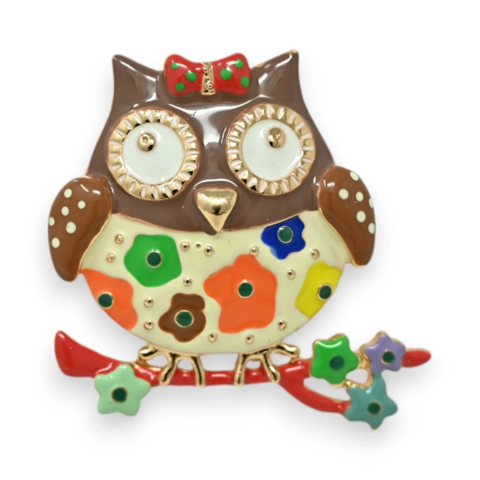 Broche Hibou Fleuri Multicolore Aimantée en Acier Doré, 4,5 x 5 cm