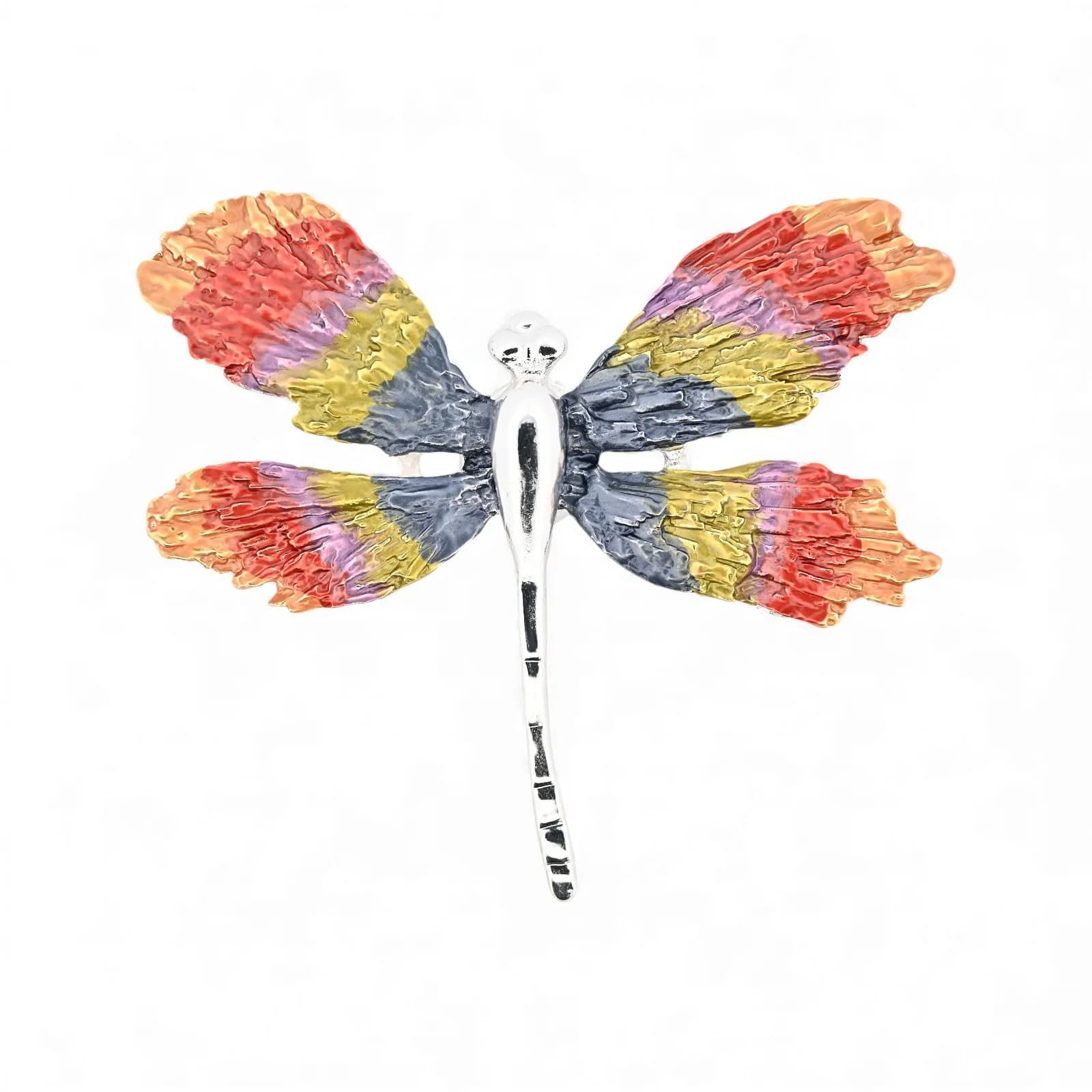 Grande broche libellule multicolore aimantée en acier argenté, vue avant