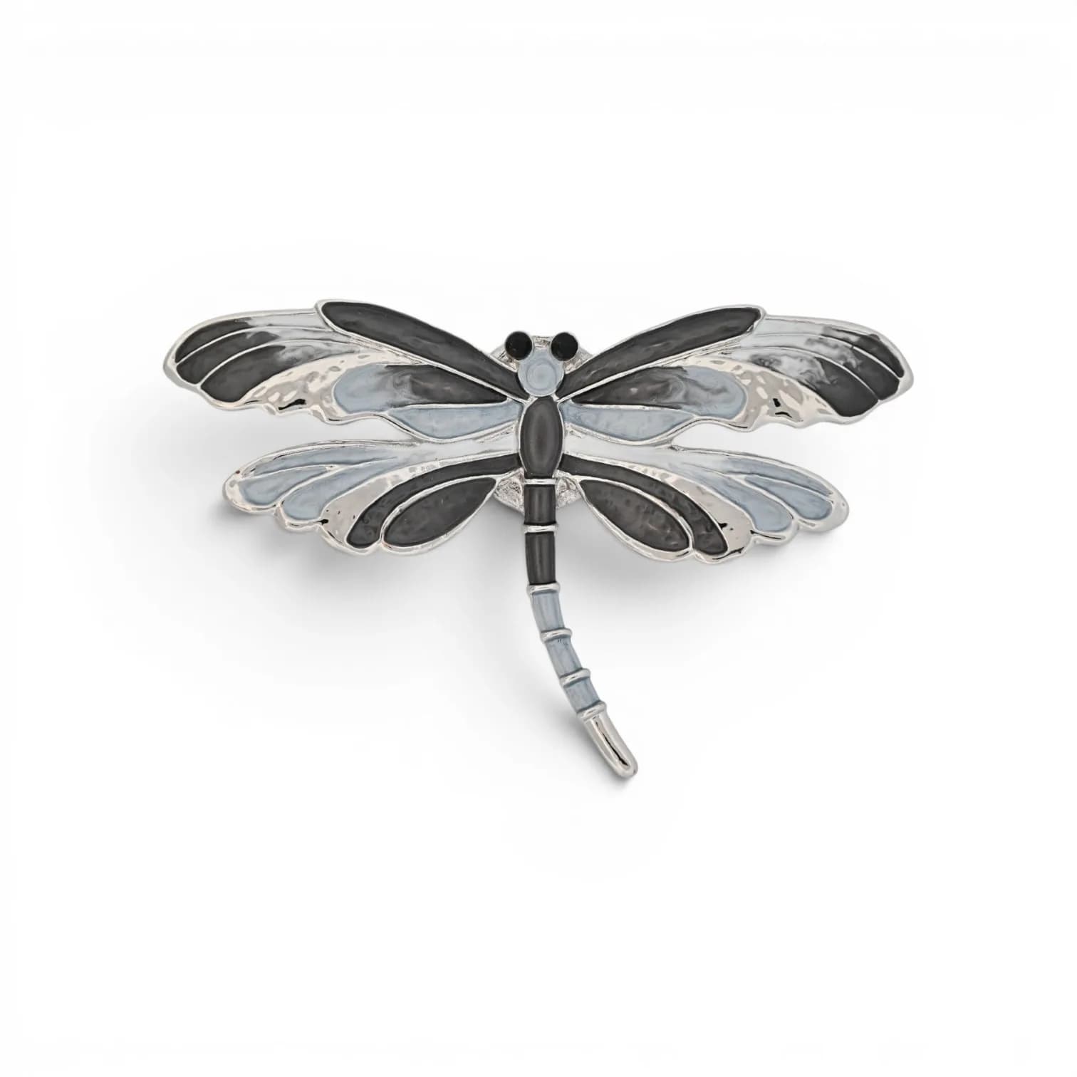 Broche Libellule Gris Noir et Bleu Pâle en Acier Argenté Aimantée