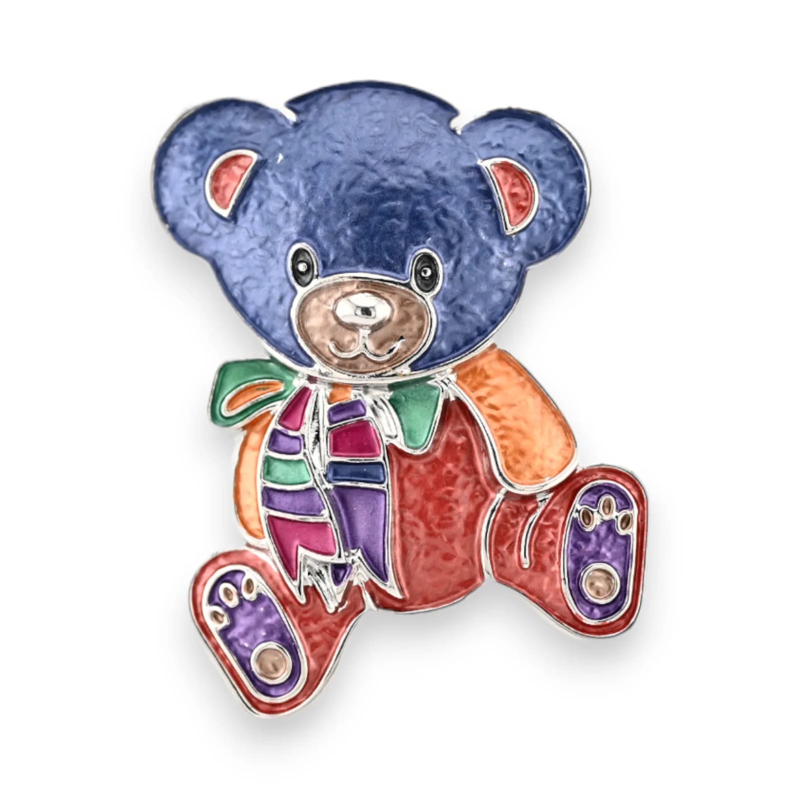 Broche Nounours Multicolore Aimantée en Acier Argenté avec Écharpe Rayée