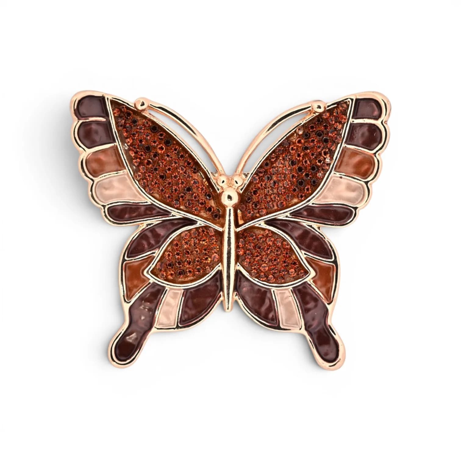 Broche Papillon Ambre et Brun Aimantée en Acier Doré Rosé