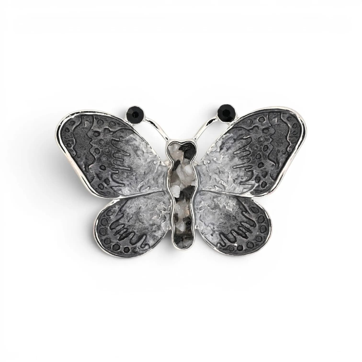 Broche Papillon Gris et Noir à Ailes en Relief Aimantée en Acier Argenté