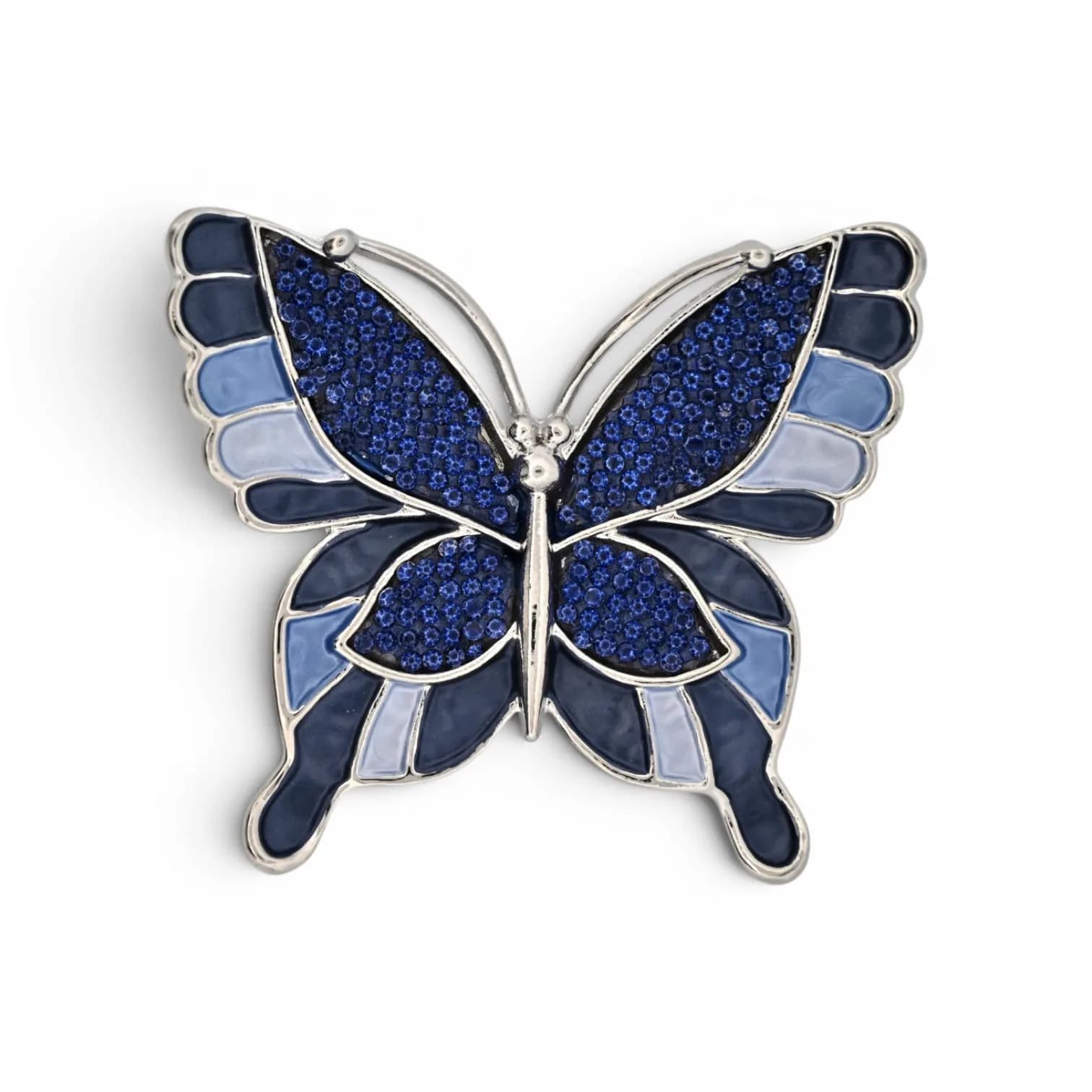 Broche Papillon Bleu Nuit à Pierres Facettées Aimantée en Acier Argenté