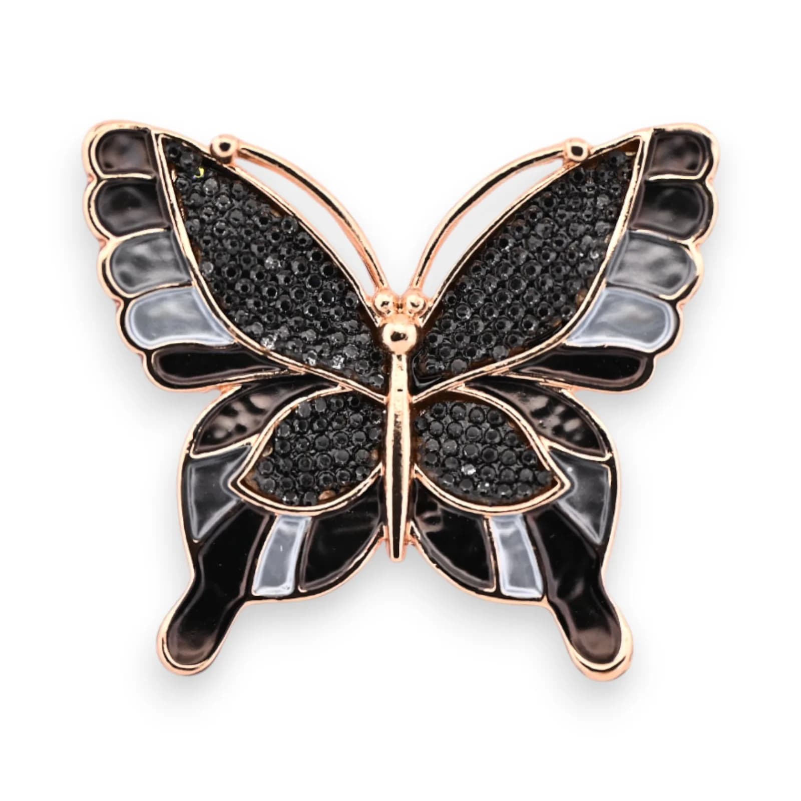 Broche papillon dorée et noire à strass aimantée