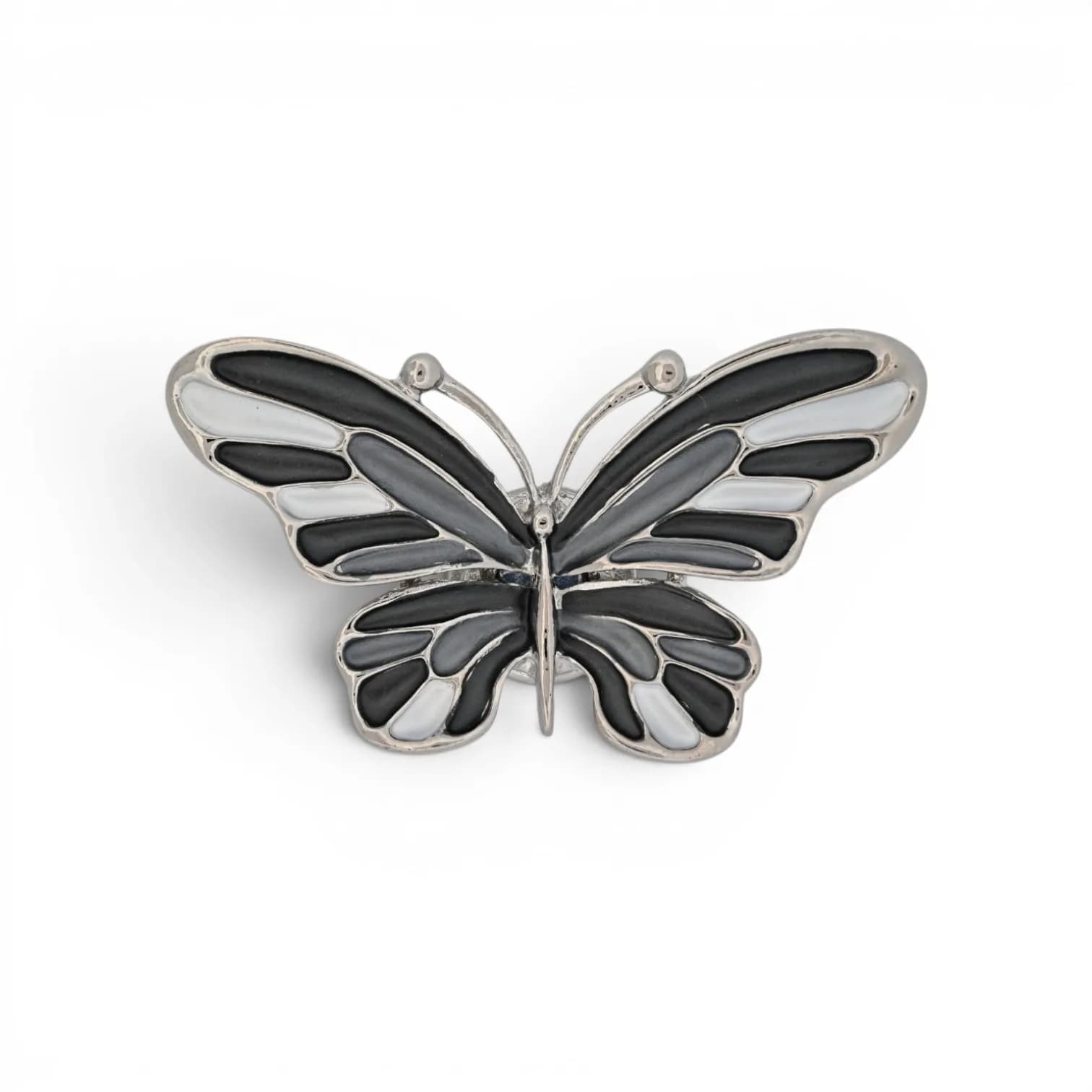Broche Papillon Noir Gris et Blanc en Acier Argenté Aimantée