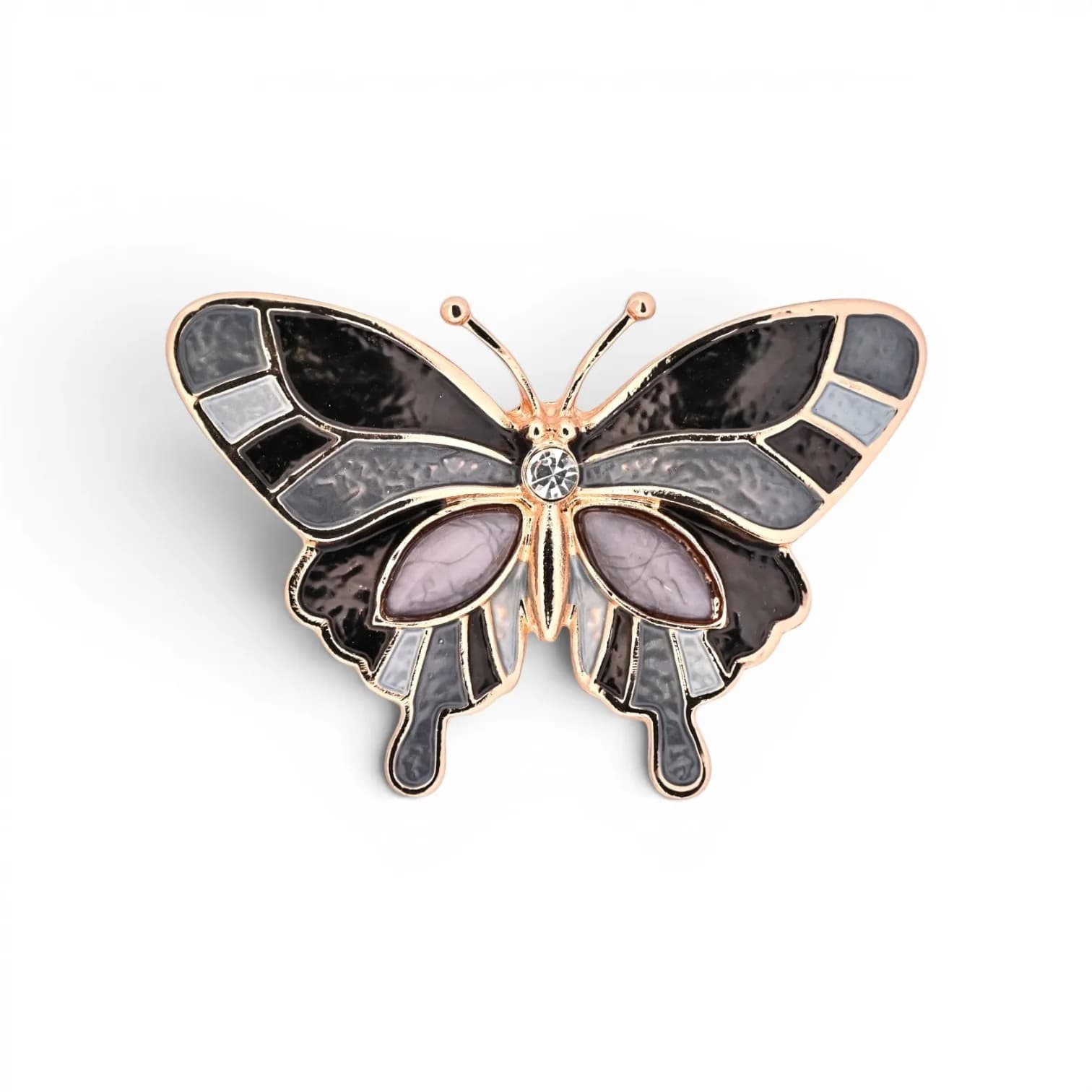 Broche Papillon Noir et Gris à Décors Mauves Aimantée en Acier Doré Rosé