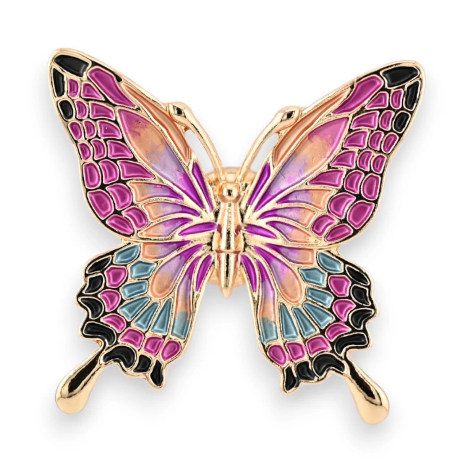 Broche papillon rose aimantée en acier de couleur dorée
