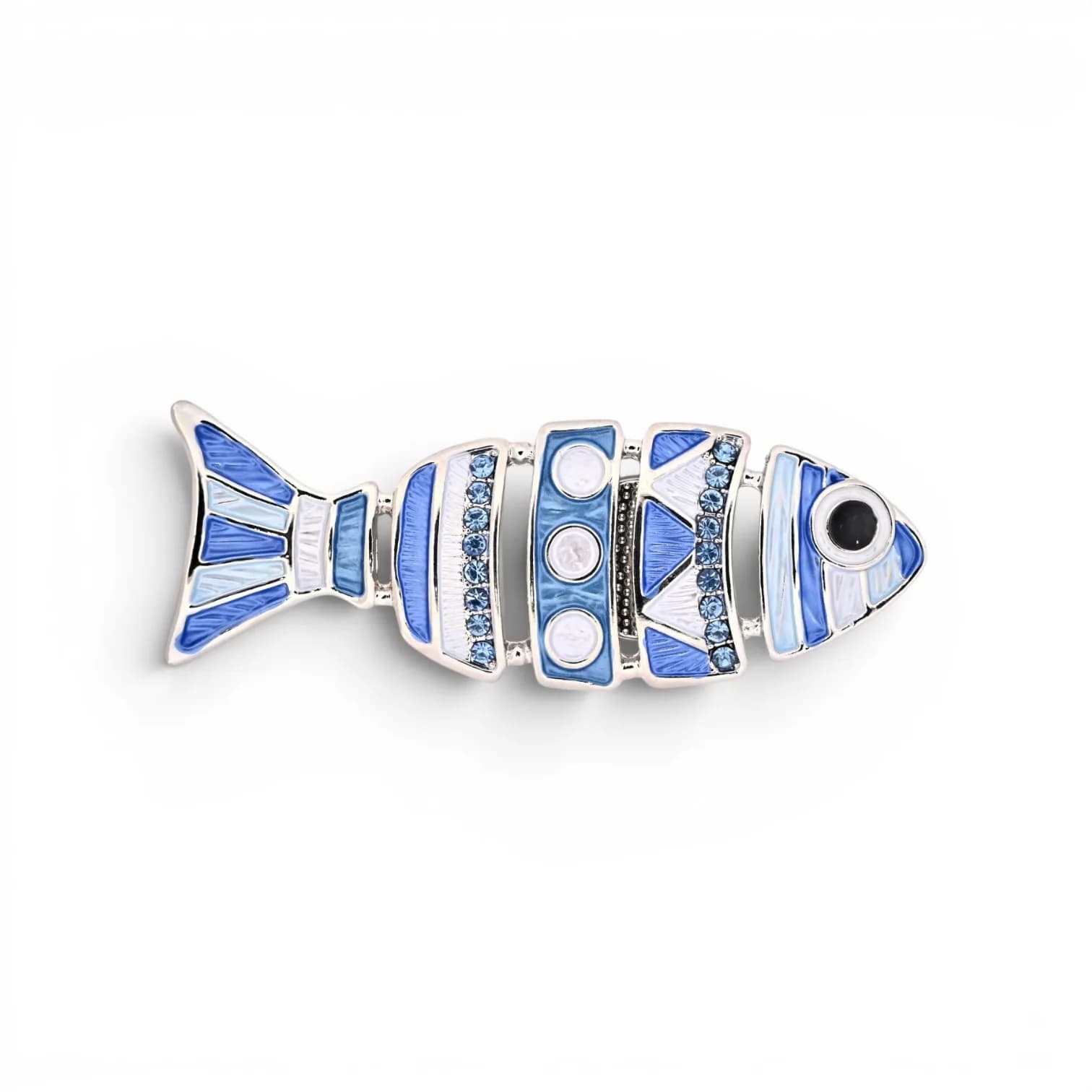 Broche Poisson Bleu et Blanc Aimantée en Acier Argenté