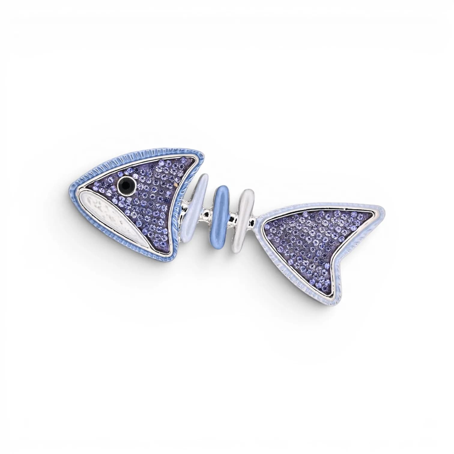 Broche Poisson Arête Bleu Violet à Strass Aimantée en Acier Argenté, 7,5 x 3 cm