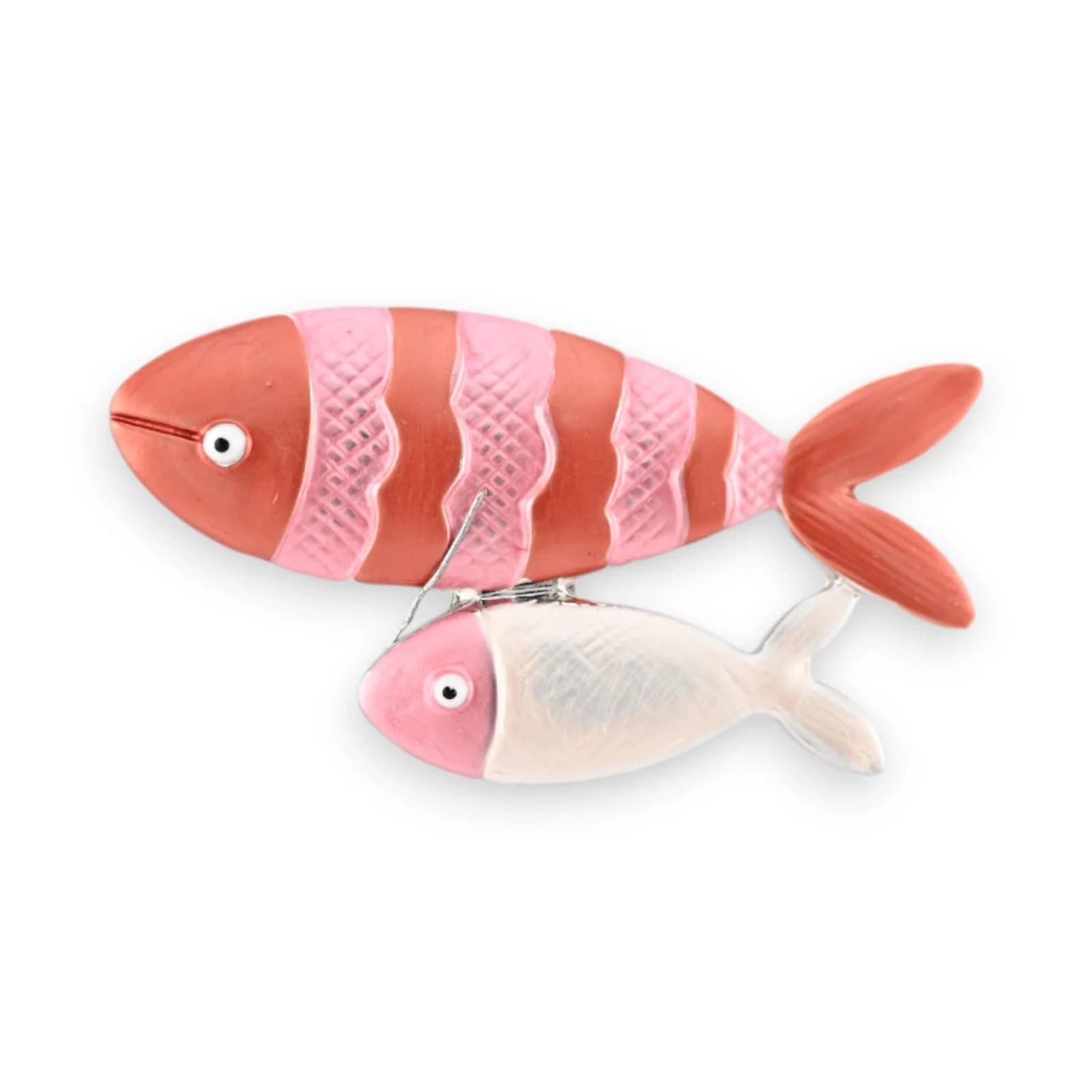 Broche Deux Poissons Corail et Rose Aimantée en Acier Argenté, 6 cm