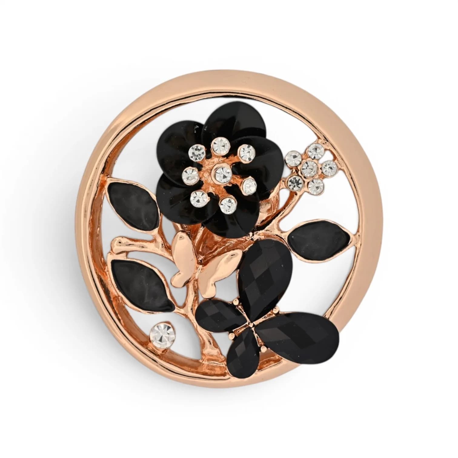 Broche Ronde Fleur et Papillons Noirs à Strass en Acier Doré Rosé Aimantée
