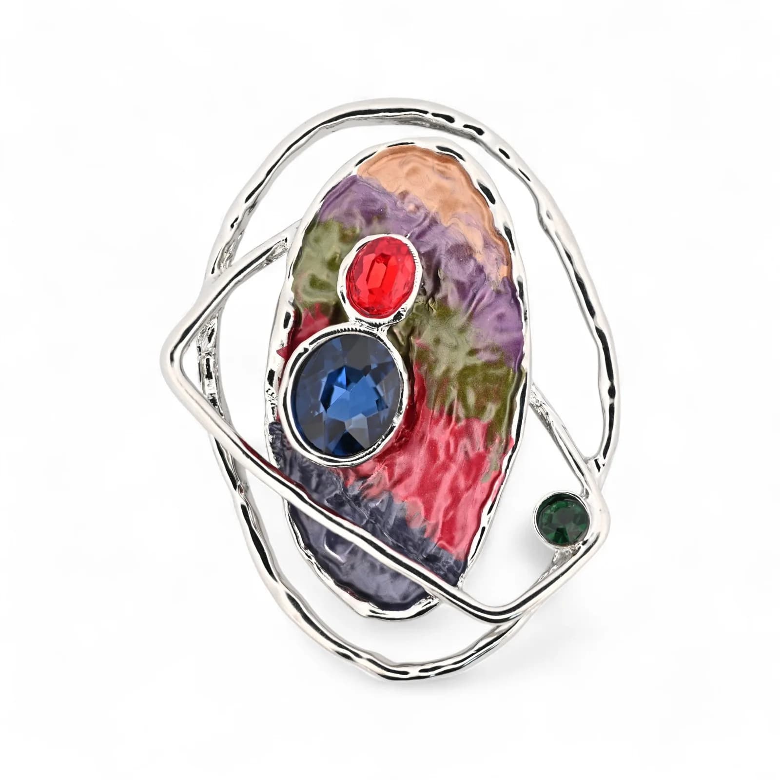 Broche Sculpture Abstraite Multicolore en Acier Argenté Aimantée