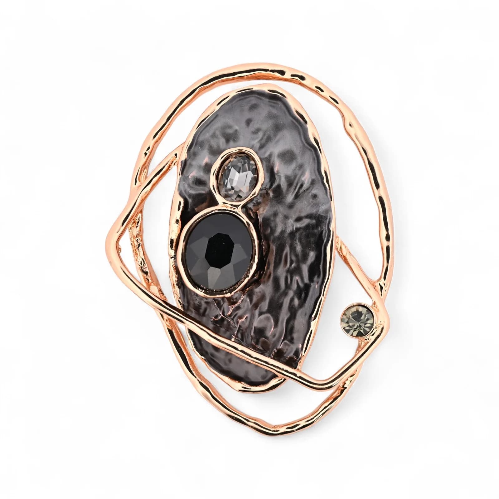 Broche Sculpture Abstraite Noire en Acier Doré Rosé Aimantée