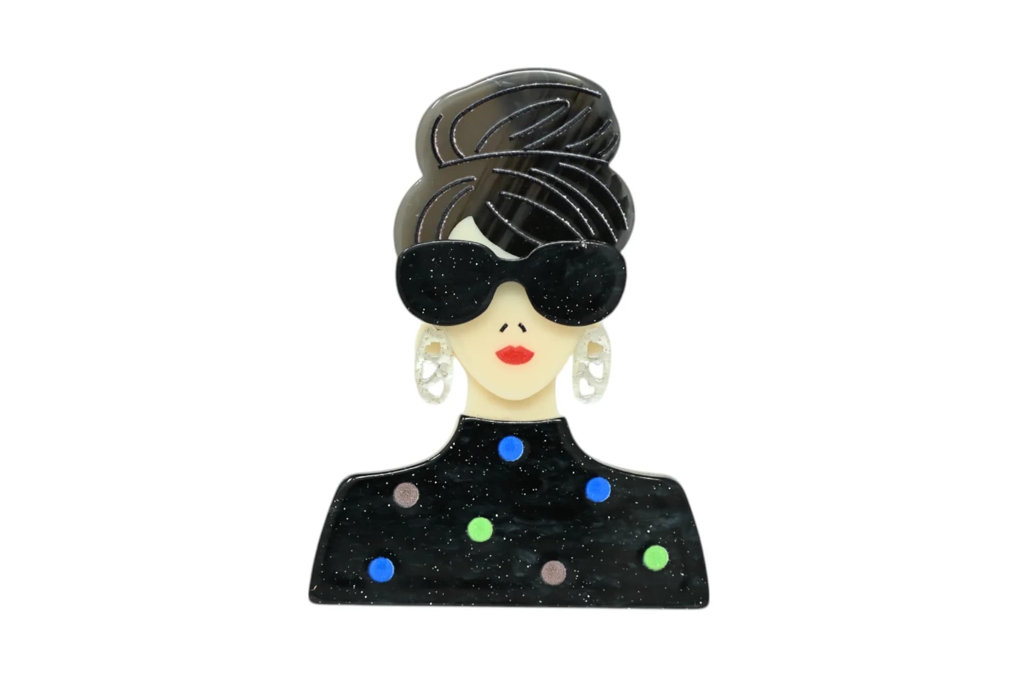 Broche Portrait Femme à Lunettes Noires Magnétique en Acier, 7,5 cm
