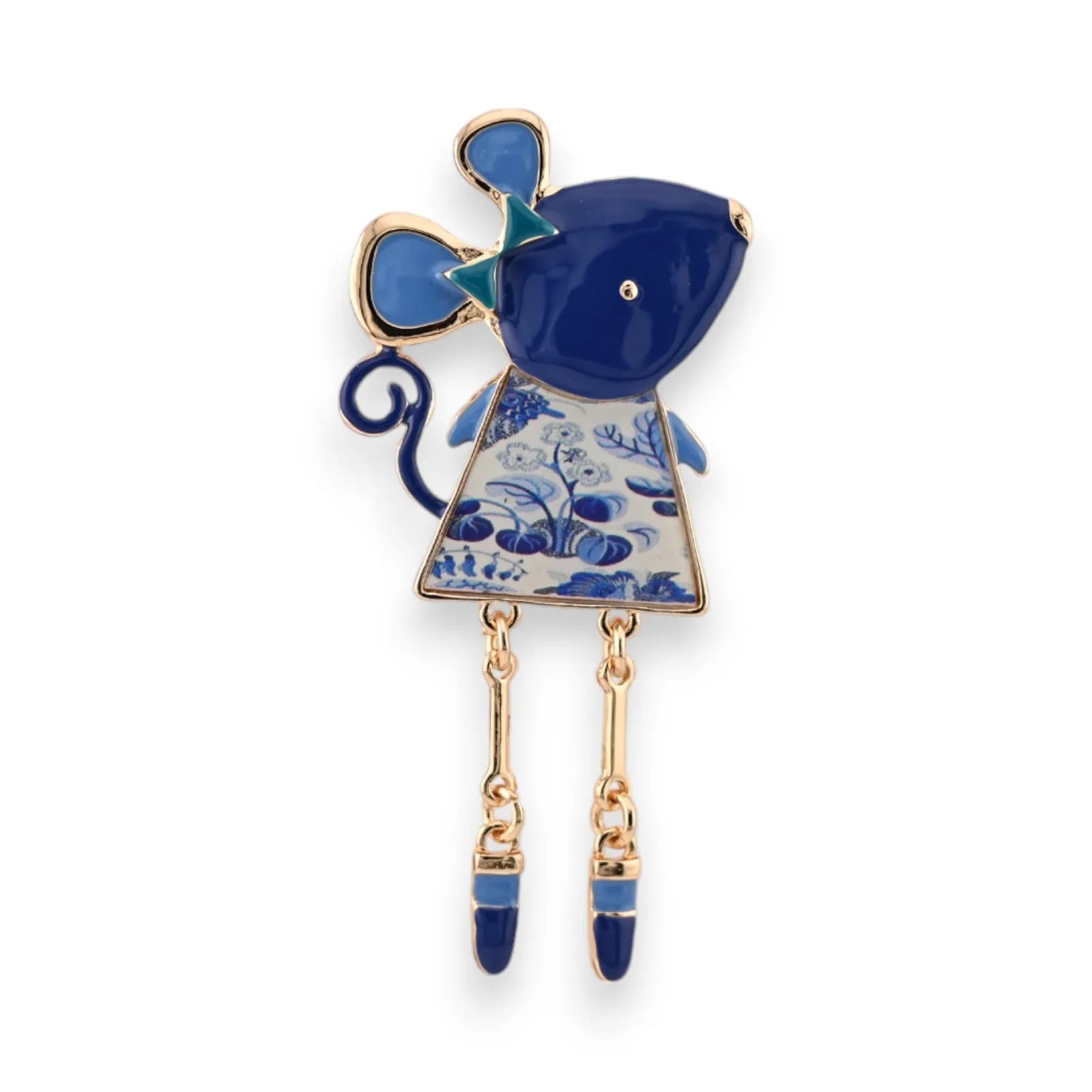 Broche Souris Bleue Magnétique en Acier Doré avec Robe Fleurie et Jambes Suspendues
