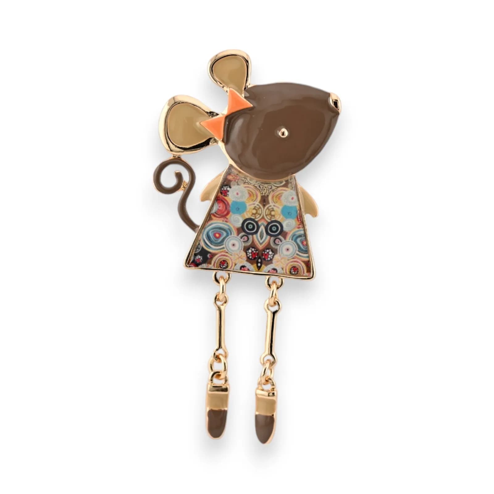 Broche Souris Marron Magnétique en Acier Doré avec Robe à Cercles et Jambes Suspendues