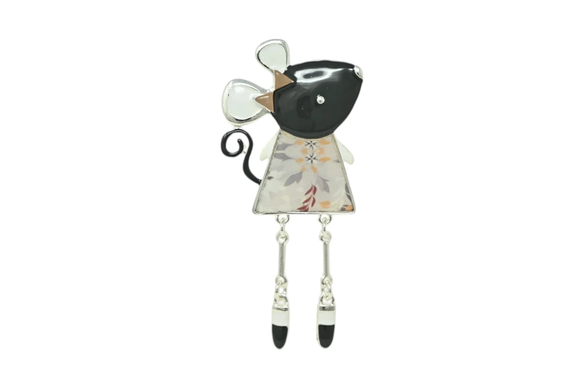 Broche Souris Fleurie Magnétique en Acier Argenté de 7 cm