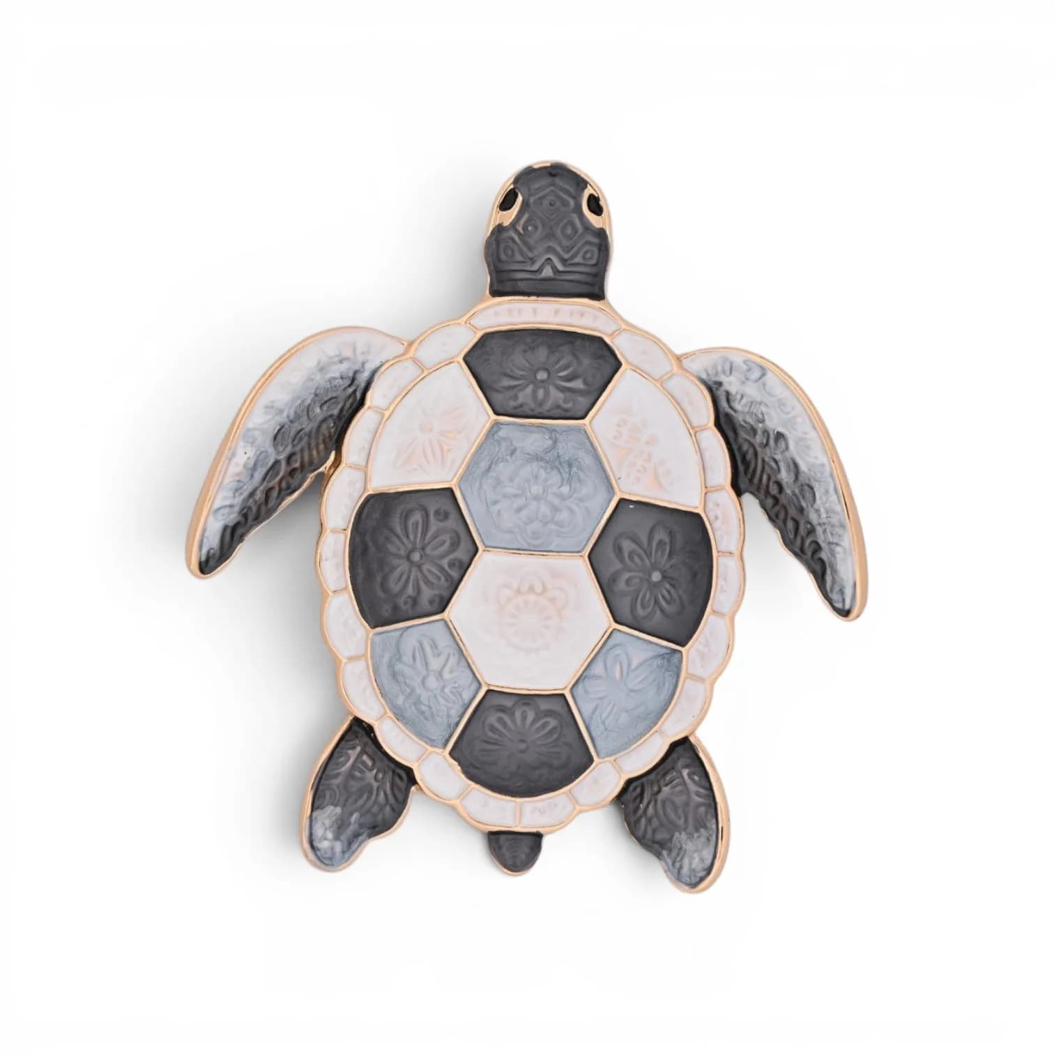 Broche Tortue Aimantée en Acier Doré et Émail Gris Blanc, 6 cm