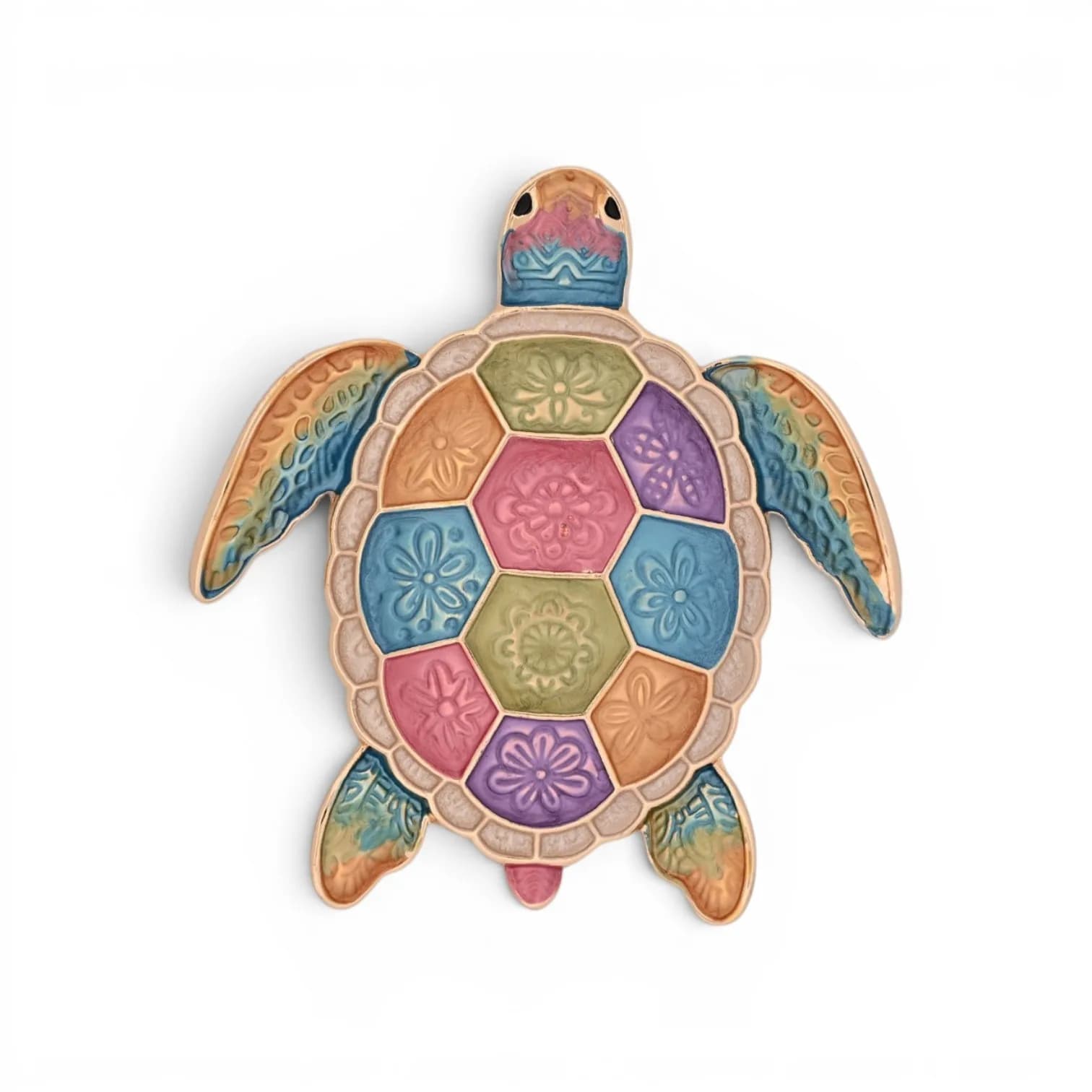 Broche Tortue Multicolore Aimantée en Acier Doré, 6 cm
